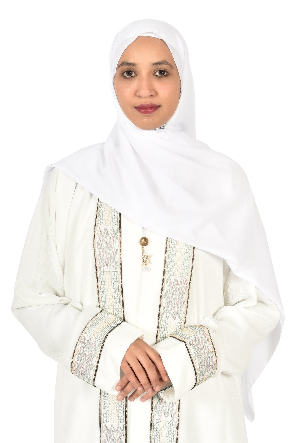 Off-White Abaya with Elegant Embroidered Edges – Sophisticated Occasion Wear ( ladies abaya )