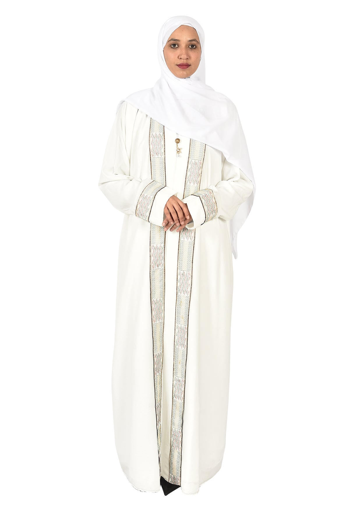 Off-White Abaya with Elegant Embroidered Edges – Sophisticated Occasion Wear ( ladies abaya )