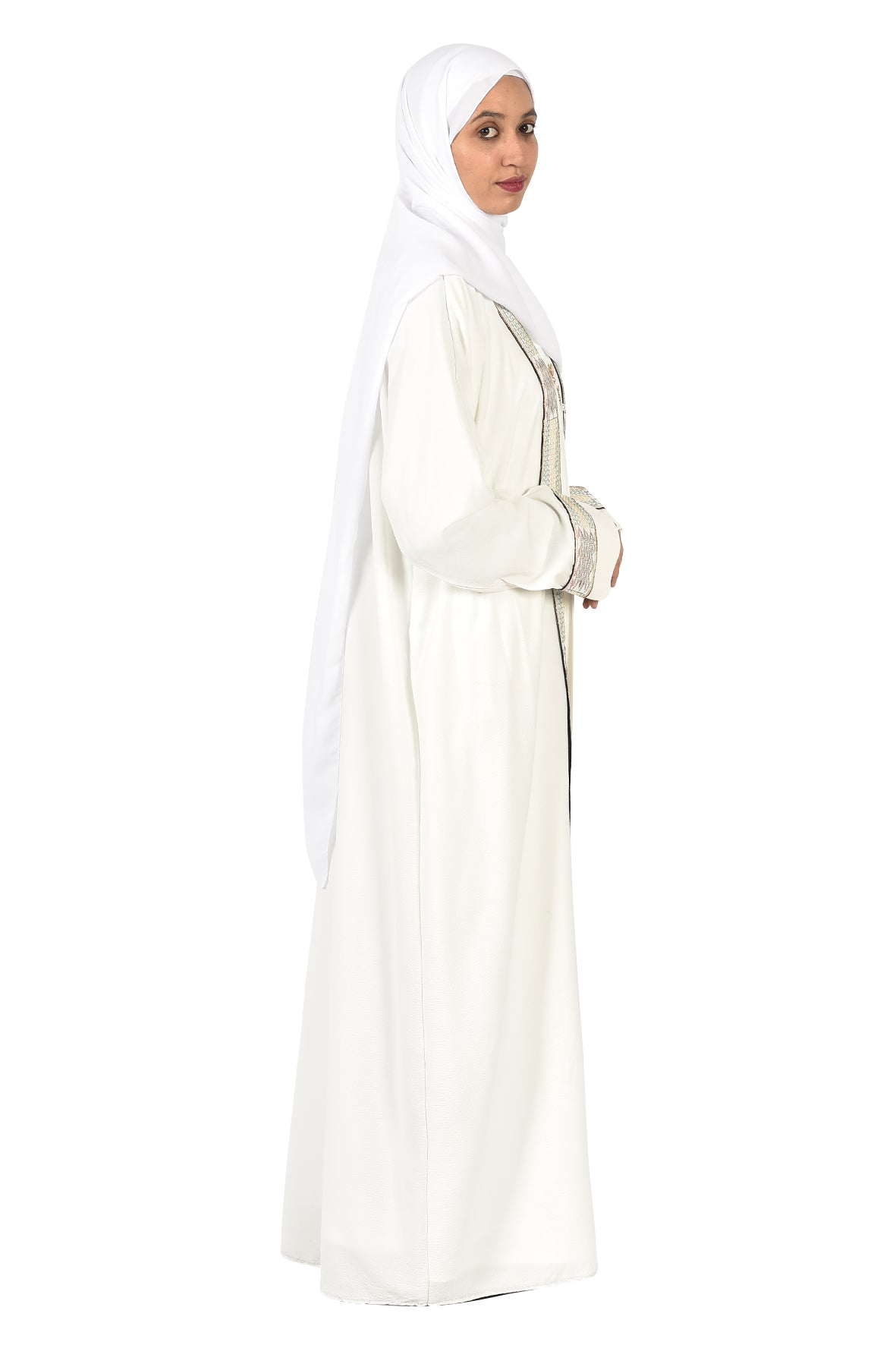 Off-White Abaya with Elegant Embroidered Edges – Sophisticated Occasion Wear ( ladies abaya )