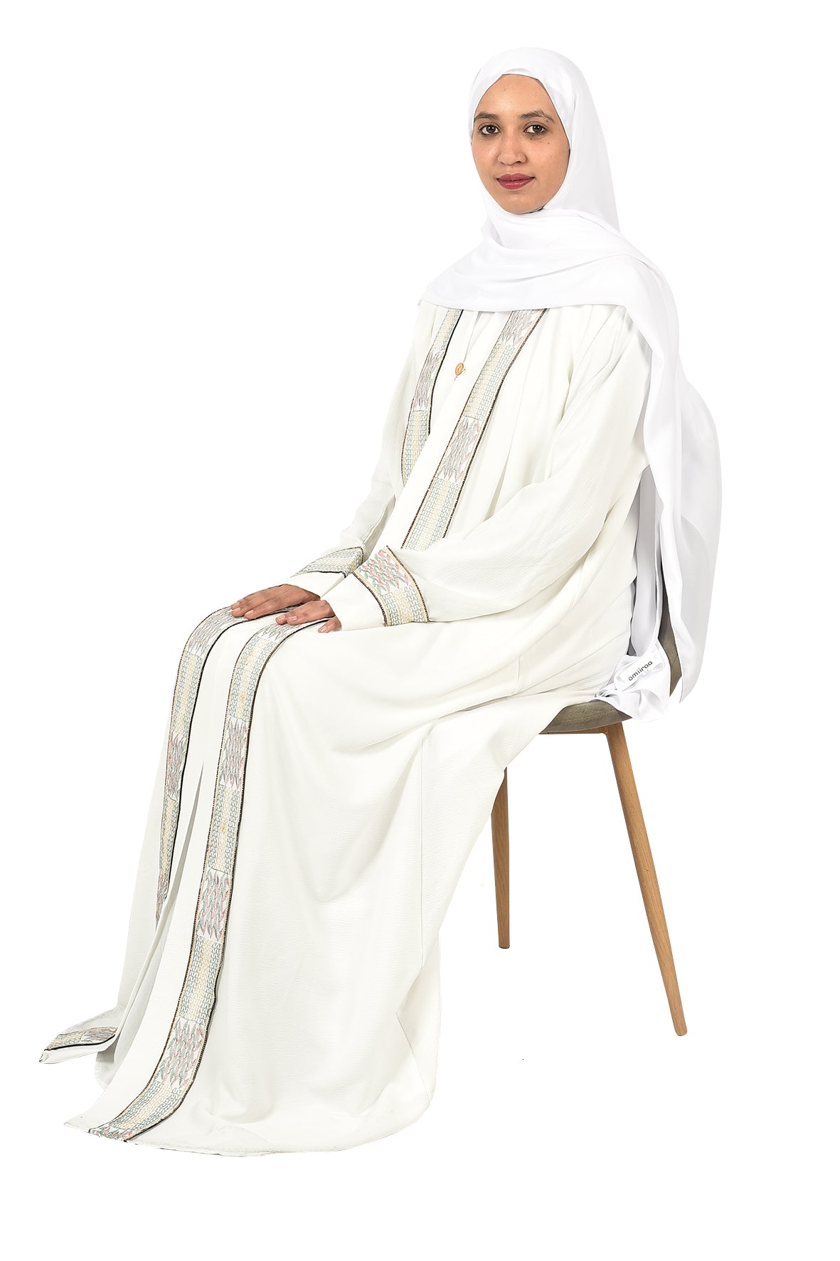 Off-White Abaya with Elegant Embroidered Edges – Sophisticated Occasion Wear ( ladies abaya )