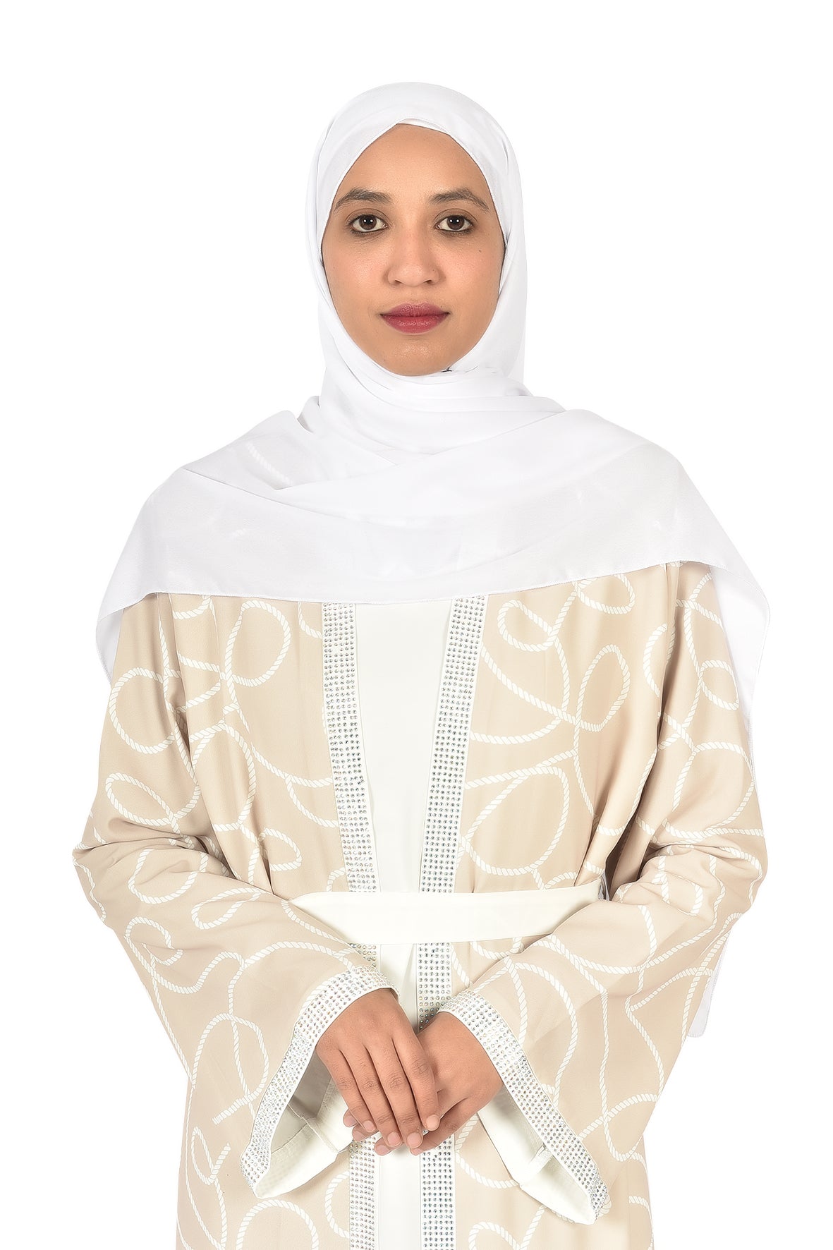 Elegant Beige Abaya with White Patterns & Waist Belt (katalia )