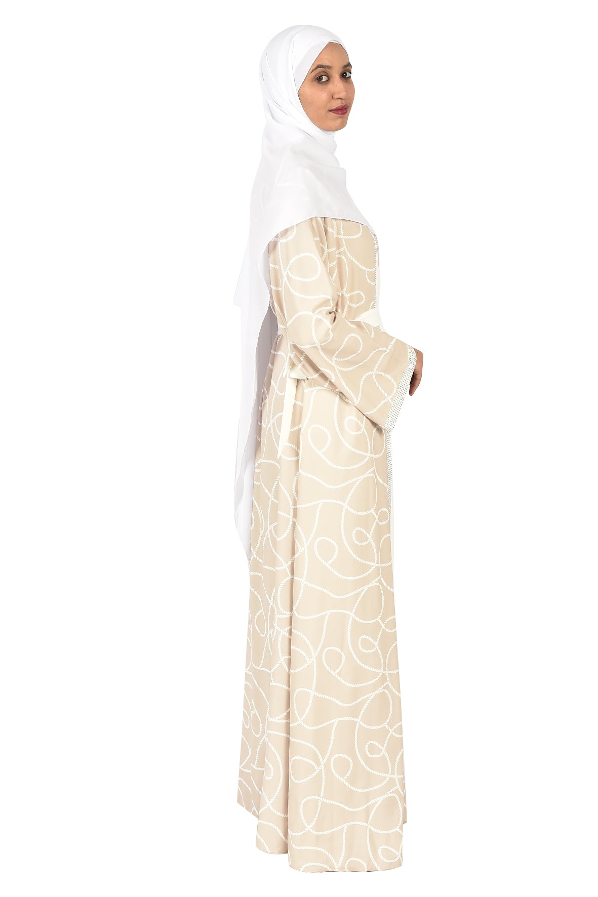 Elegant Beige Abaya with White Patterns & Waist Belt (katalia )