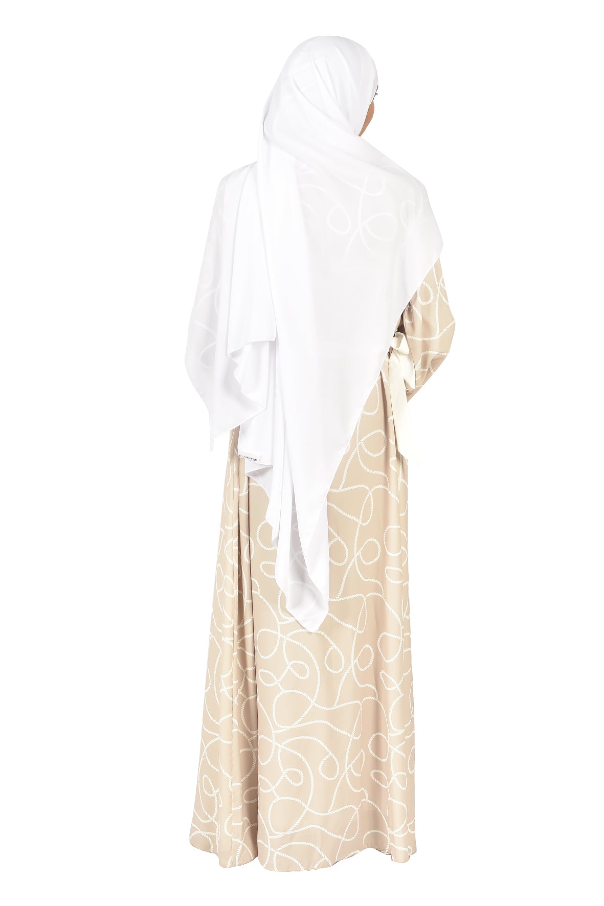 Elegant Beige Abaya with White Patterns & Waist Belt (katalia )