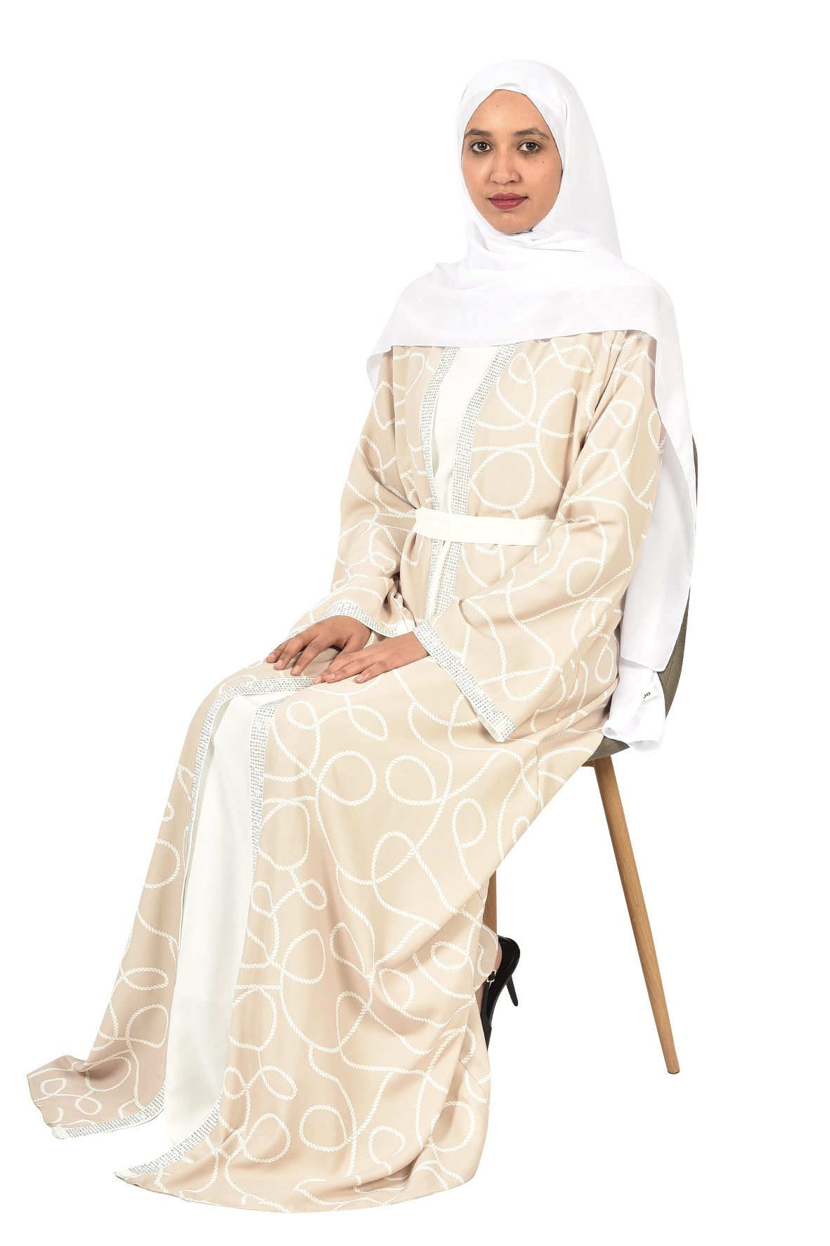 Elegant Beige Abaya with White Patterns & Waist Belt (katalia )