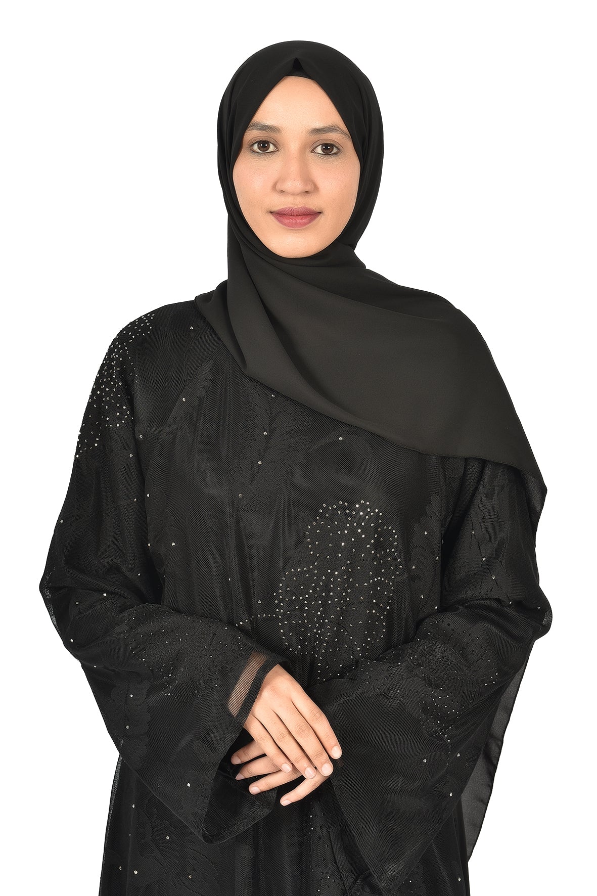 Luxury Black Abaya with Sheer Crystal-Embellished Overlay (ladies abaya )