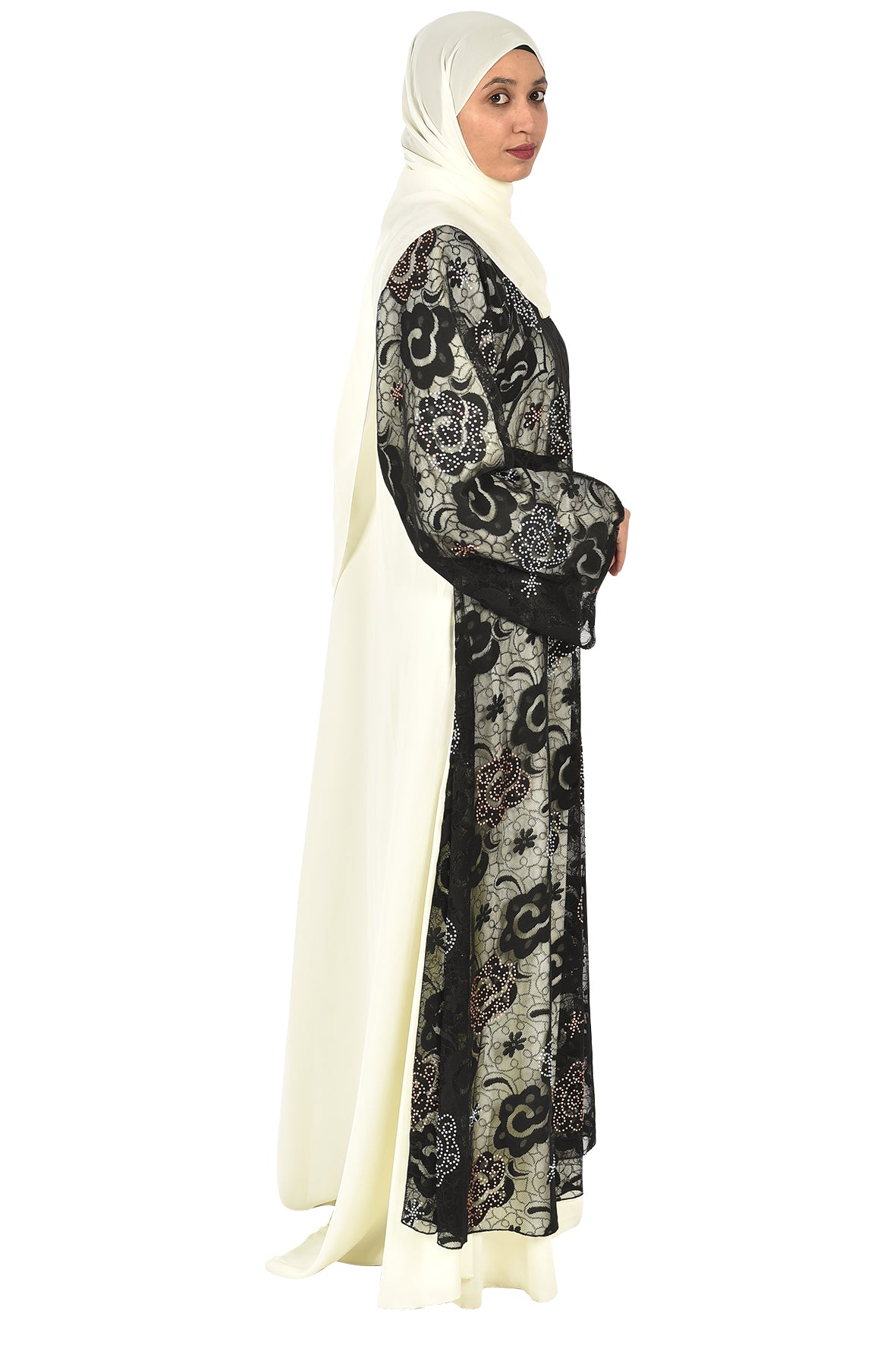 Elegant Two-Layer Abaya with Black Floral Embroidery (ladies abaya )