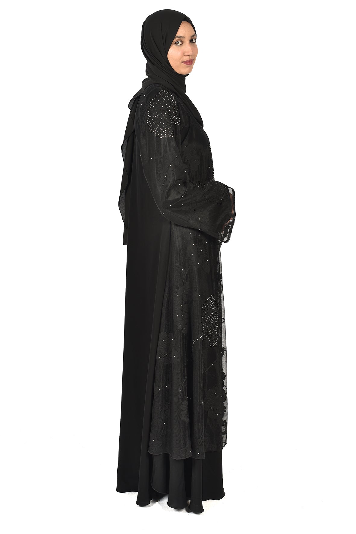 Luxury Black Abaya with Sheer Crystal-Embellished Overlay (ladies abaya )