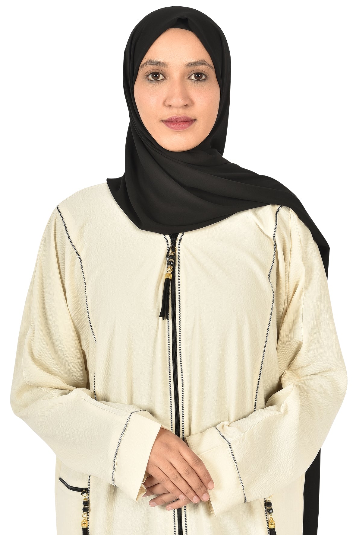 Elegant Abaya with Front Zipper – Off-White with Black Embroidery ( ladies abaya )