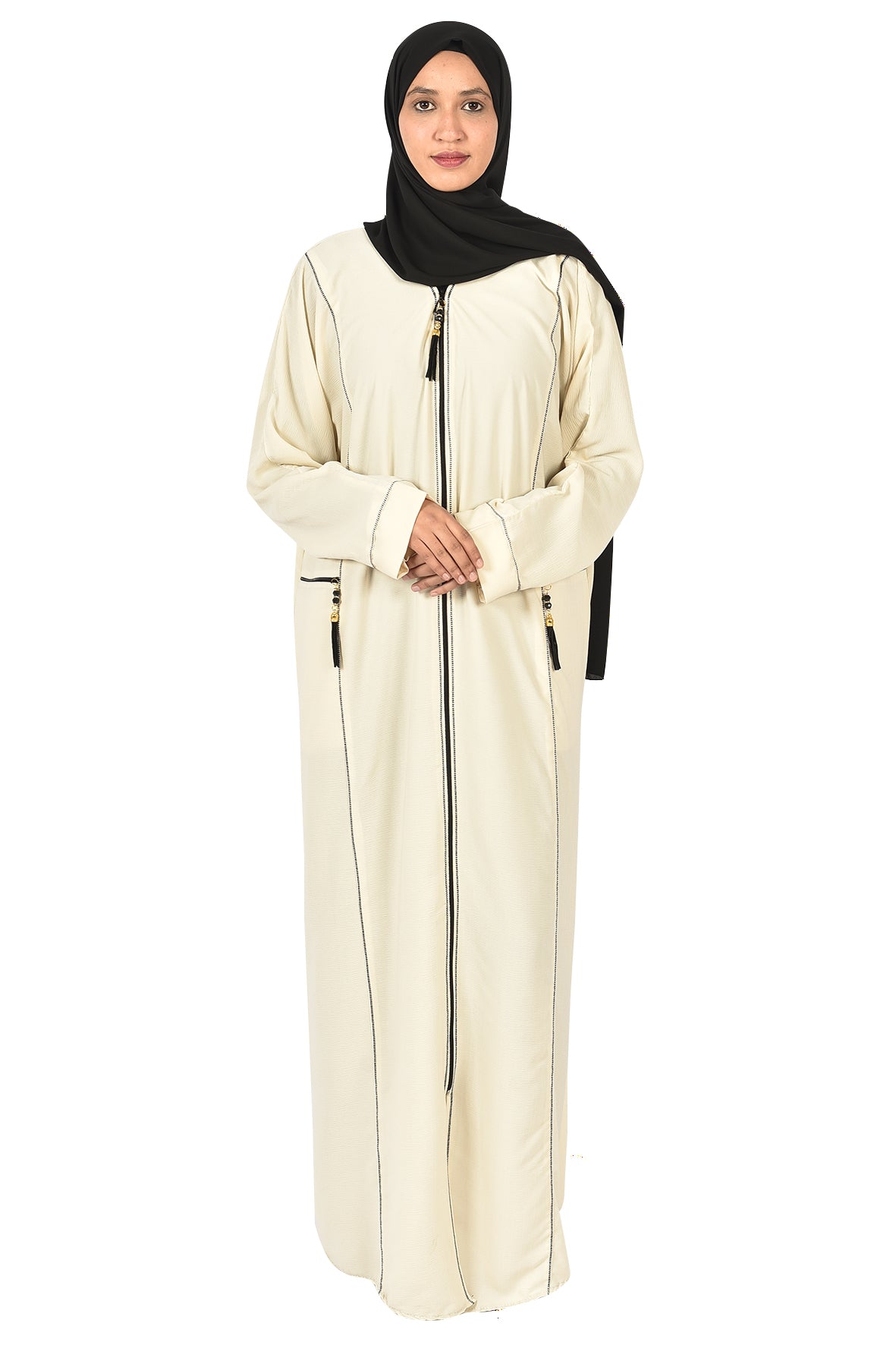 Elegant Abaya with Front Zipper – Off-White with Black Embroidery ( ladies abaya )