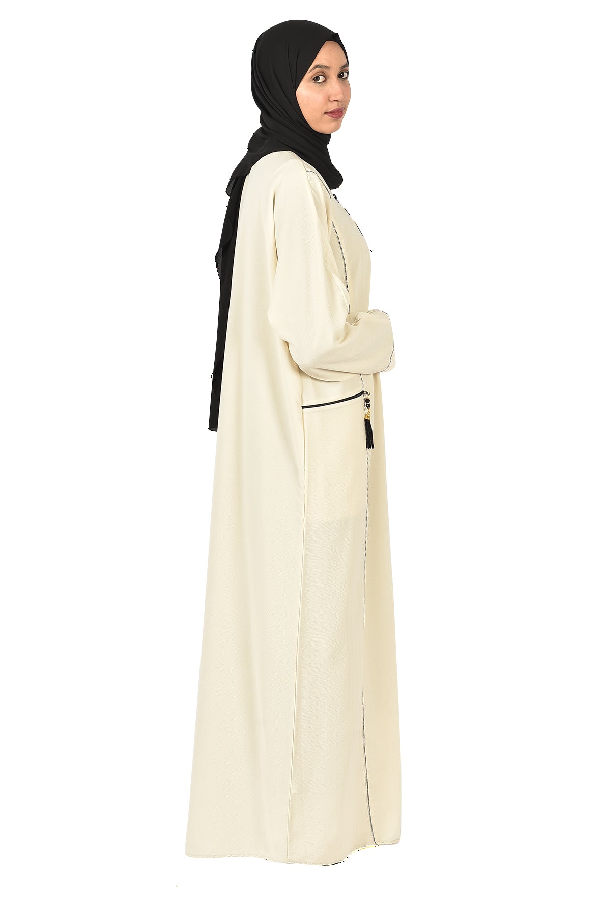 Elegant Abaya with Front Zipper – Off-White with Black Embroidery ( ladies abaya )