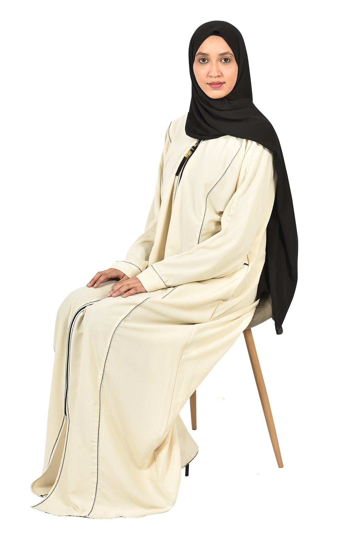 Elegant Abaya with Front Zipper – Off-White with Black Embroidery ( ladies abaya )