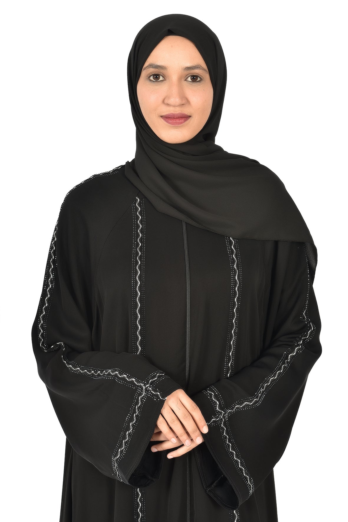 Luxury Black Abaya with Elegant White Embroidery – Classic Flowy Design ( ladies abaya )