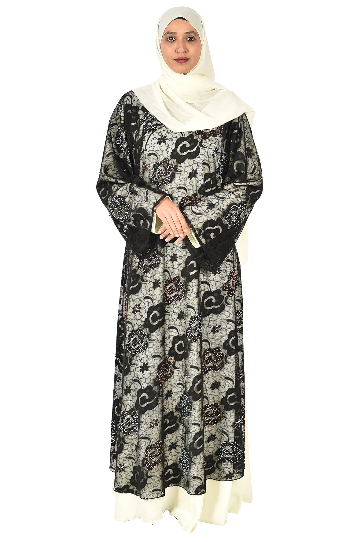 Elegant Two-Layer Abaya with Black Floral Embroidery (ladies abaya )