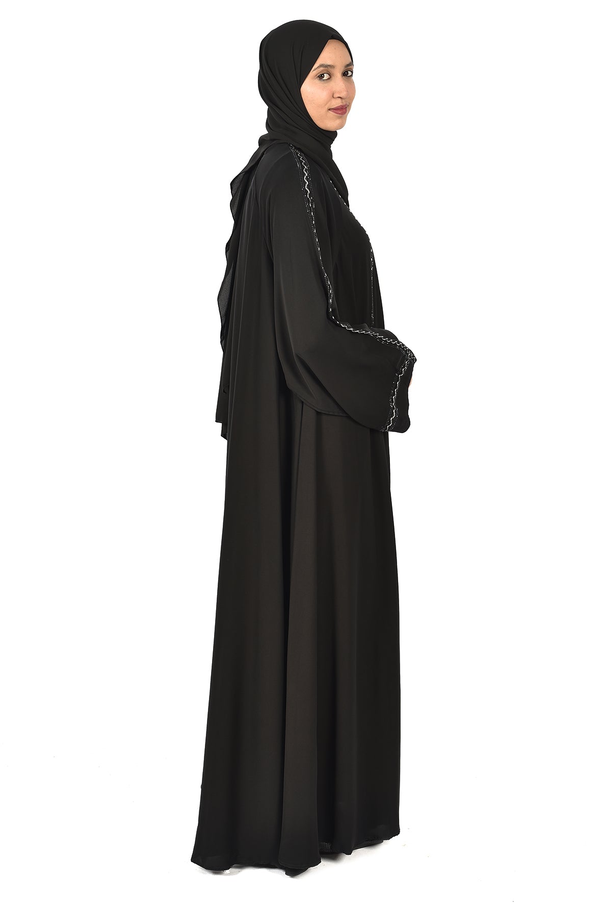 Luxury Black Abaya with Elegant White Embroidery – Classic Flowy Design ( ladies abaya )