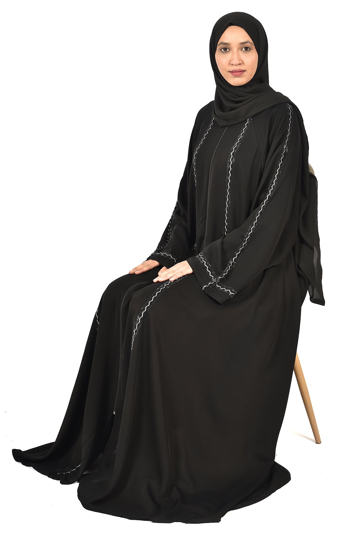 Luxury Black Abaya with Elegant White Embroidery – Classic Flowy Design ( ladies abaya )