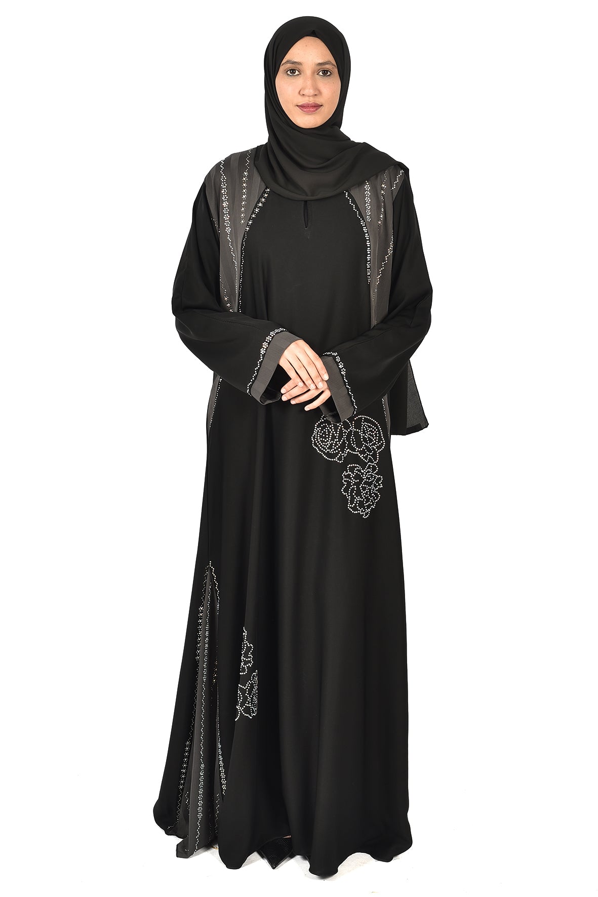Luxury Black Abaya with Floral Embroidery & Sparkling Beads – Elegant Occasion Wear ( ladies abaya )