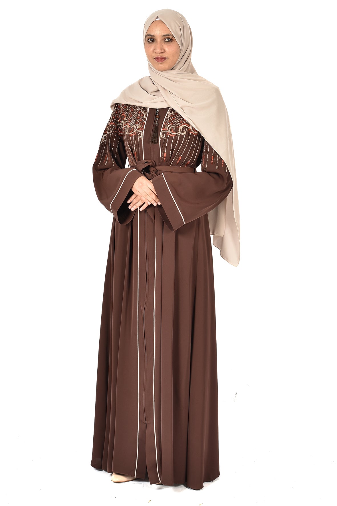 free size _Elegant Brown Embroidered Abaya with Waist Belt _ katalia
