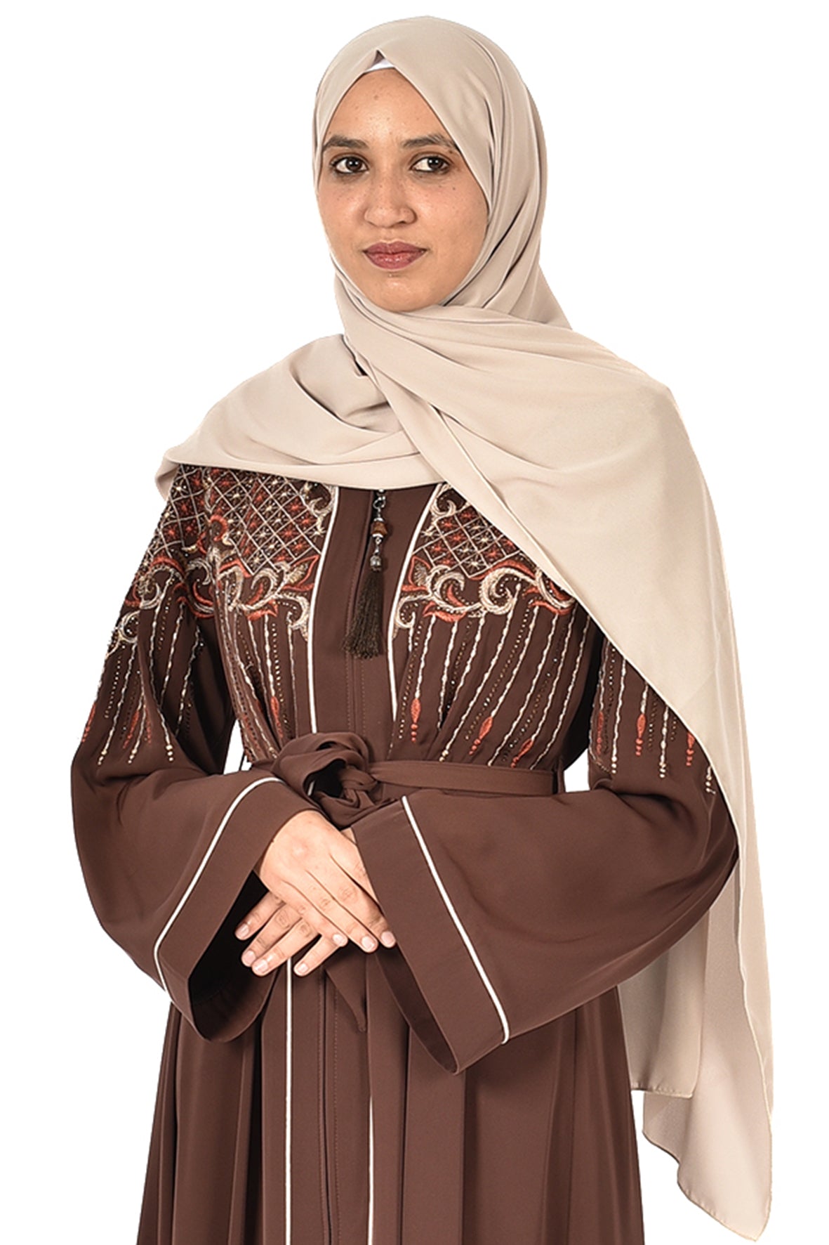 free size _Elegant Brown Embroidered Abaya with Waist Belt _ katalia