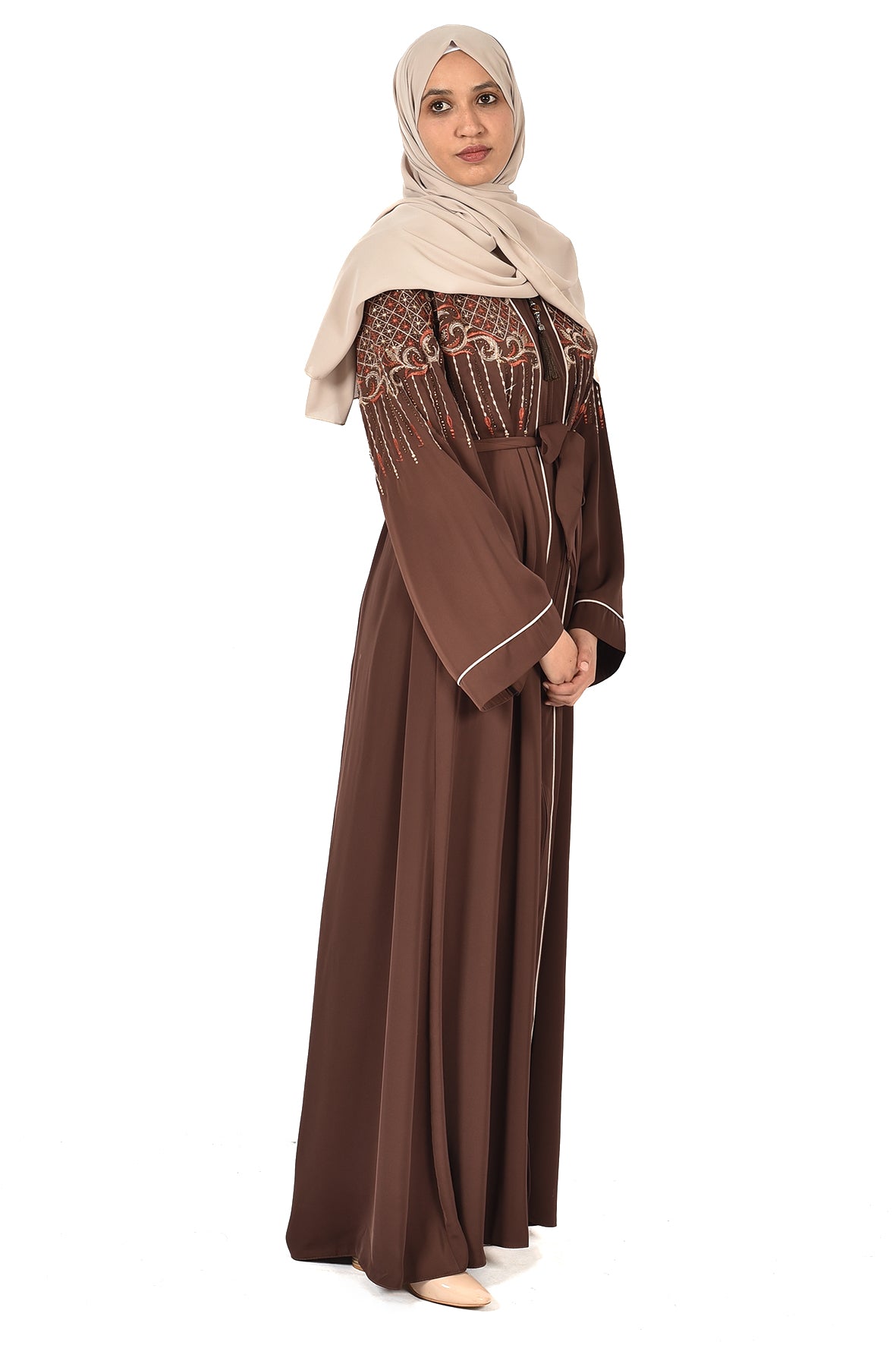free size _Elegant Brown Embroidered Abaya with Waist Belt _ katalia