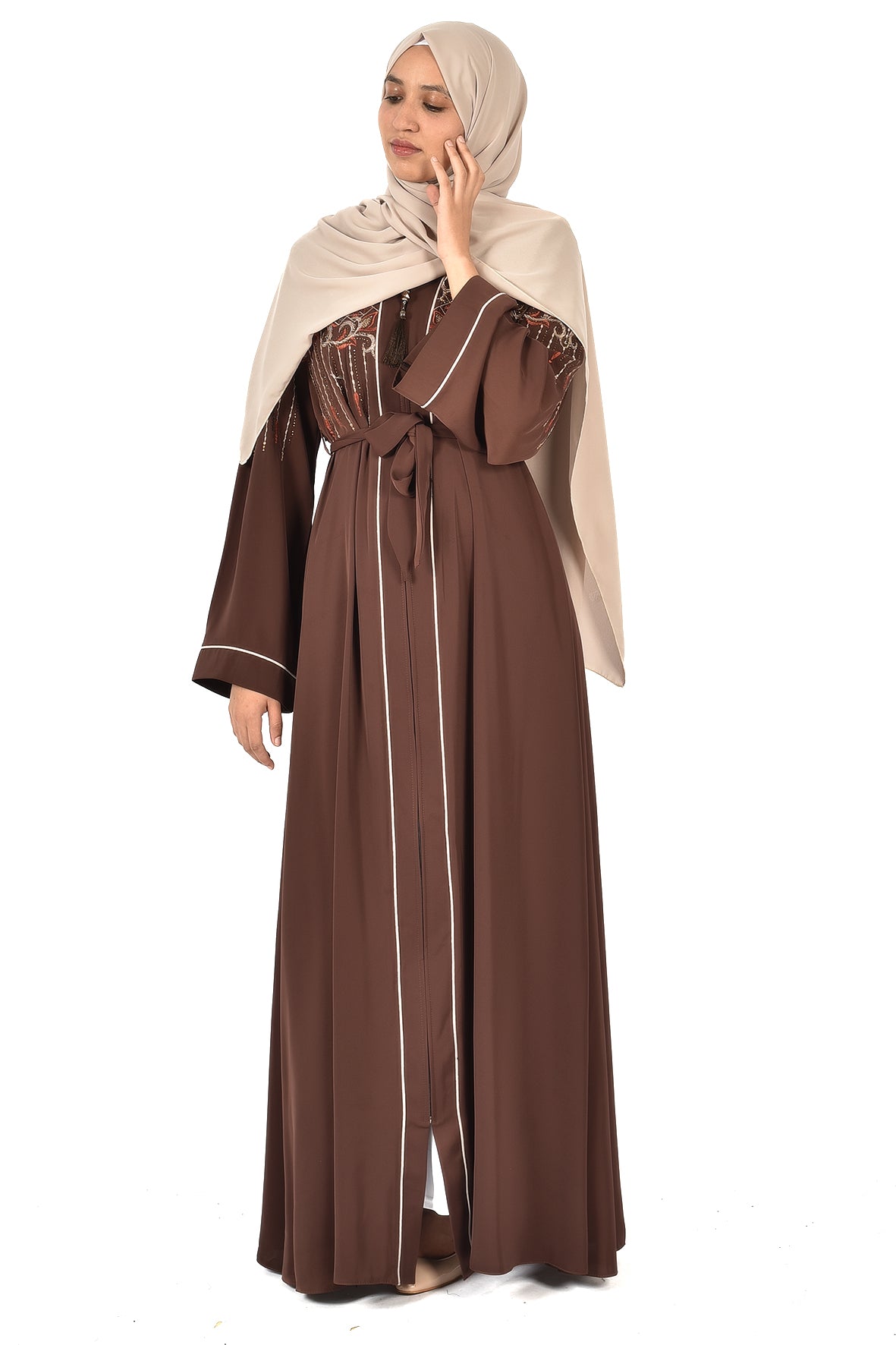 free size _Elegant Brown Embroidered Abaya with Waist Belt _ katalia