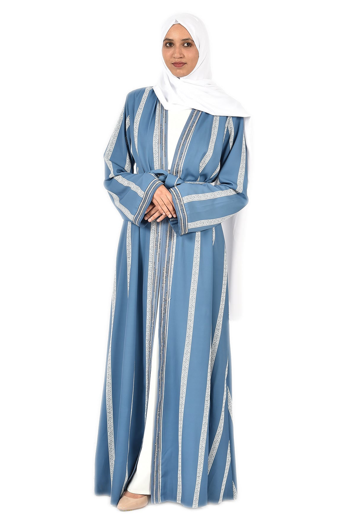 Sky Blue Open Abaya with Elegant White Stripes_katalia