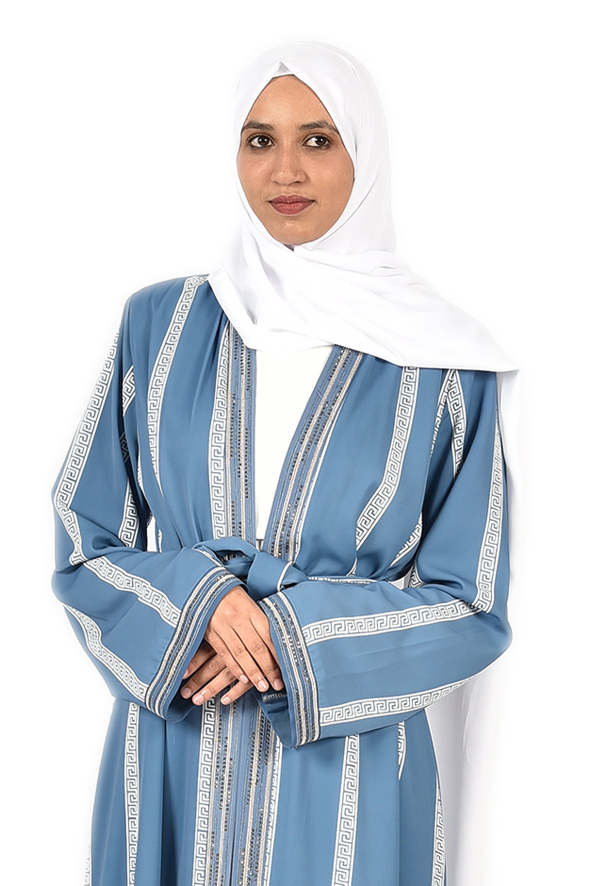 Sky Blue Open Abaya with Elegant White Stripes_katalia