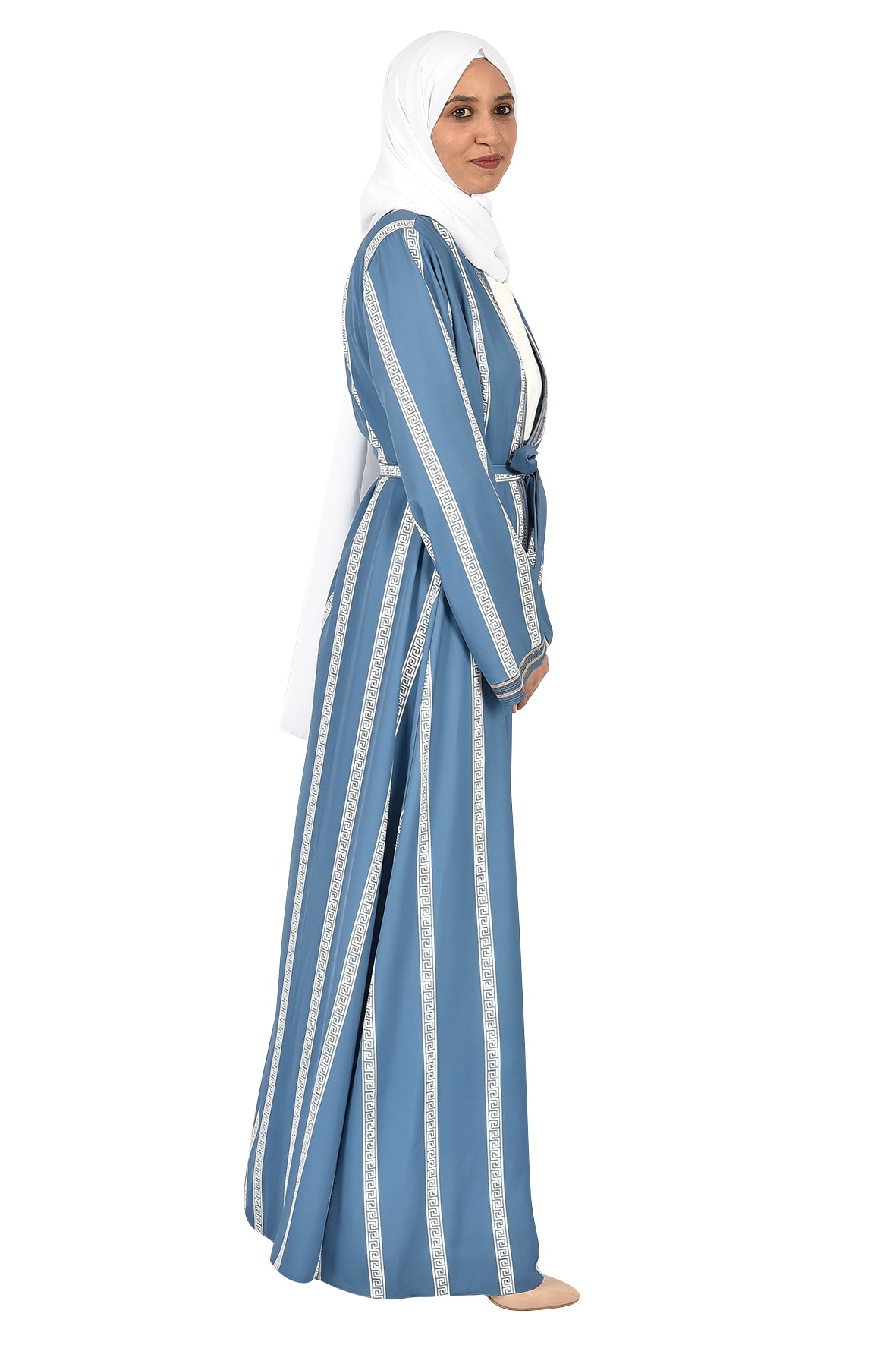 Sky Blue Open Abaya with Elegant White Stripes_katalia