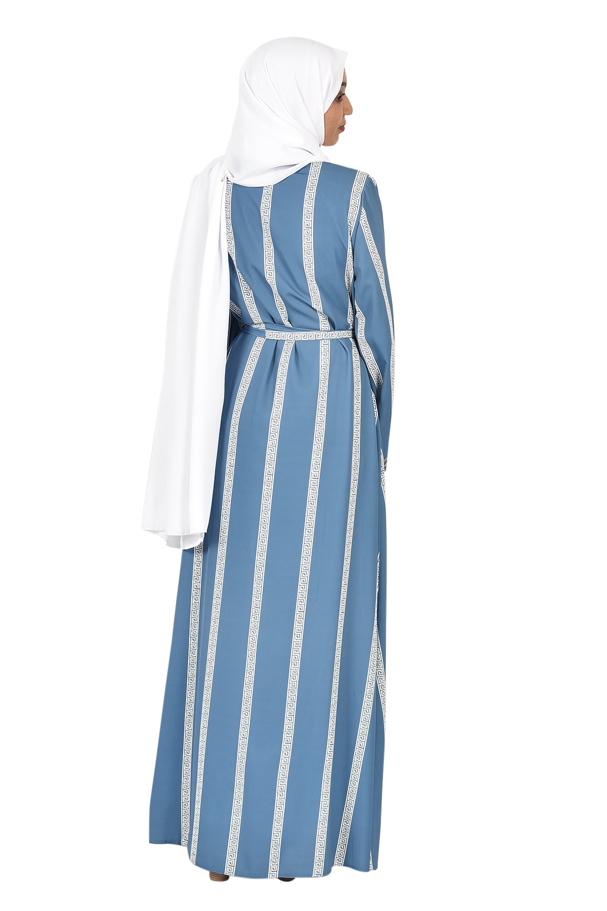 Sky Blue Open Abaya with Elegant White Stripes_katalia