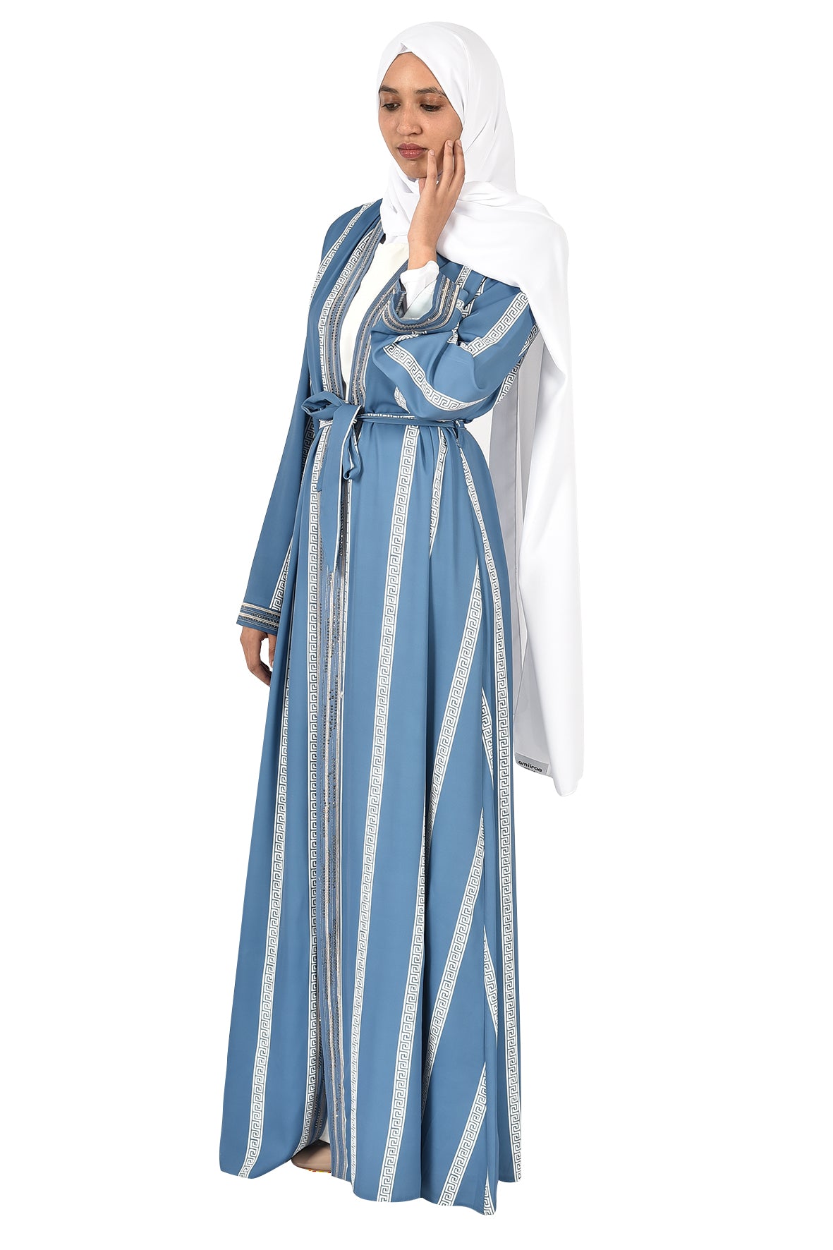 Sky Blue Open Abaya with Elegant White Stripes_katalia