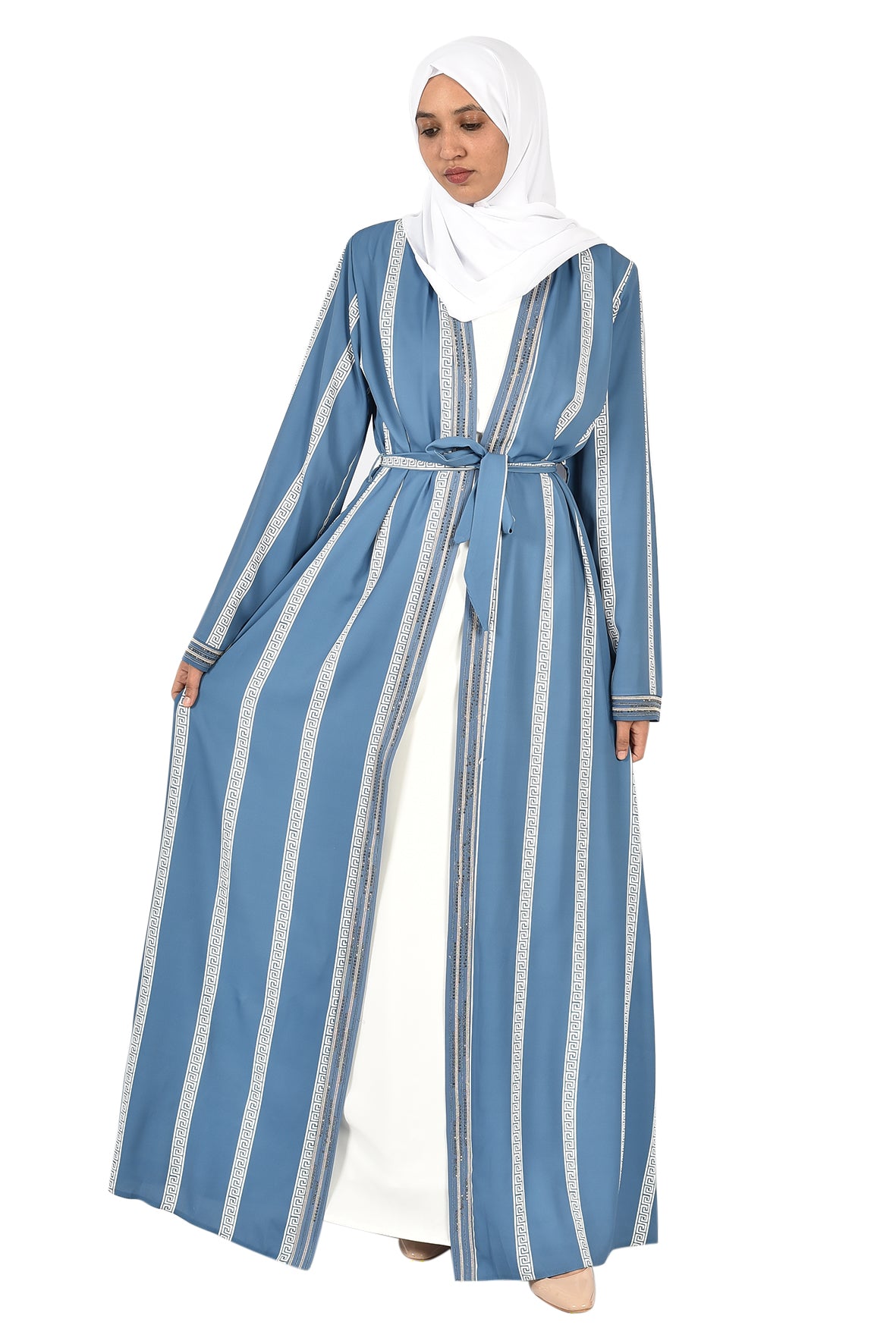 Sky Blue Open Abaya with Elegant White Stripes_katalia
