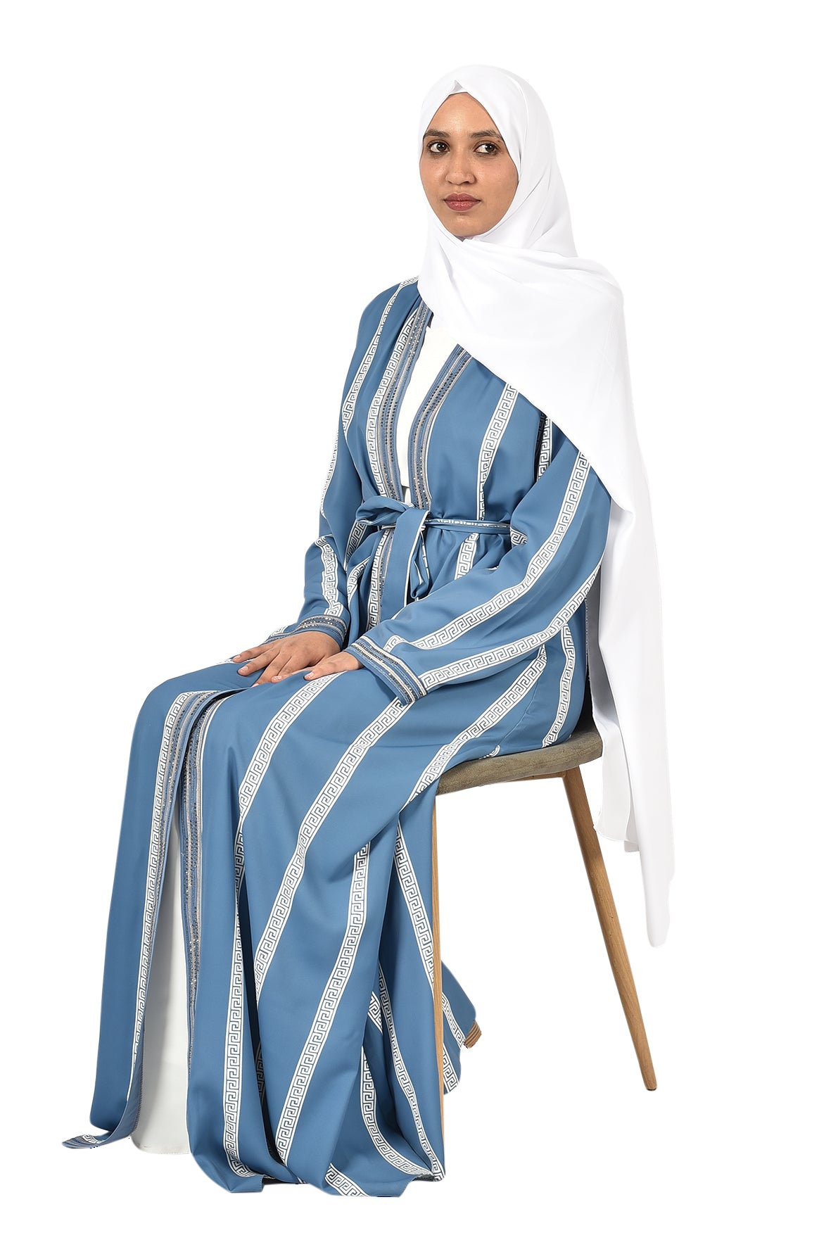 Sky Blue Open Abaya with Elegant White Stripes_katalia