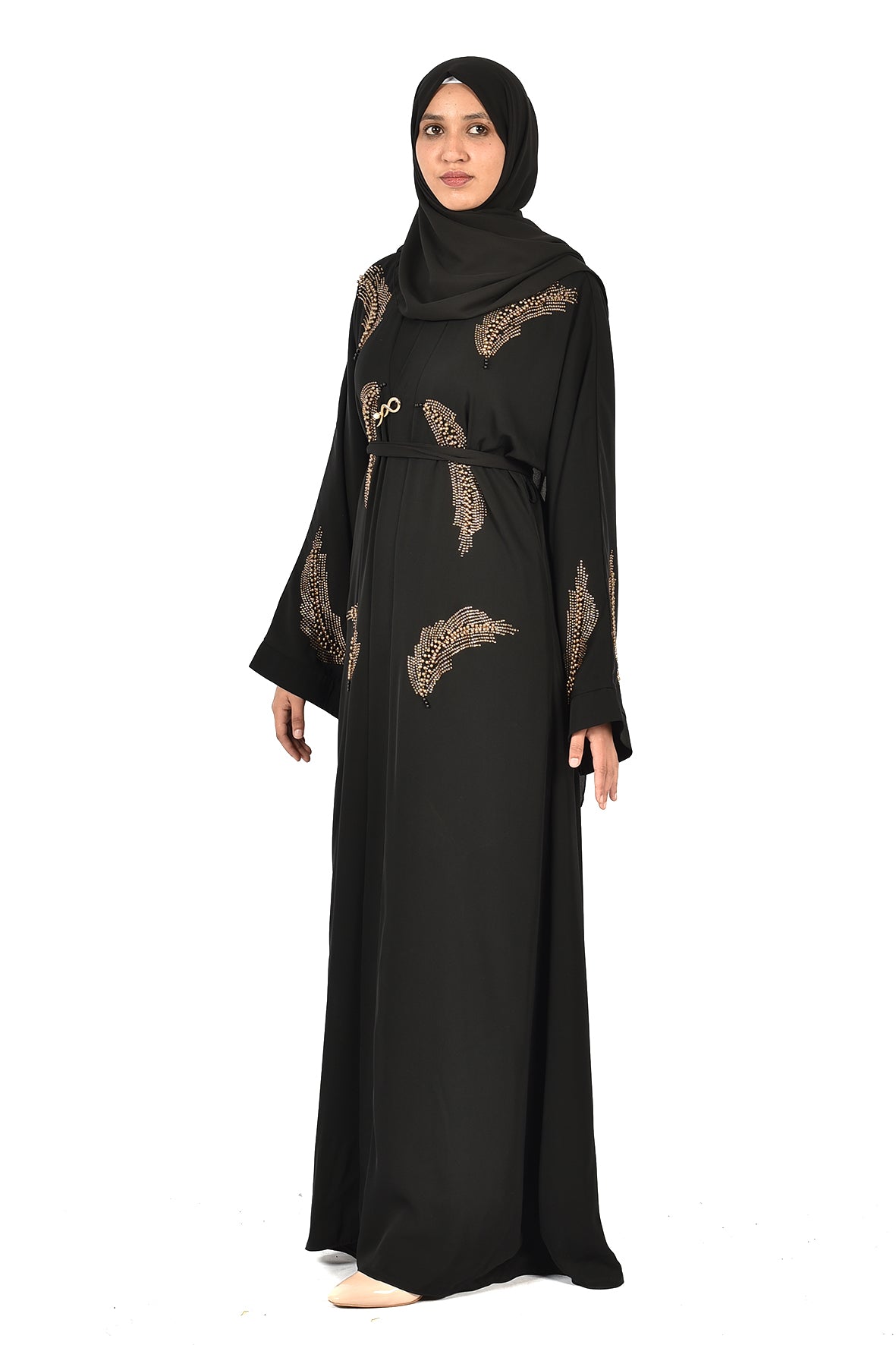 Black Abaya with Elegant Gold Feather Embroidery _katalia