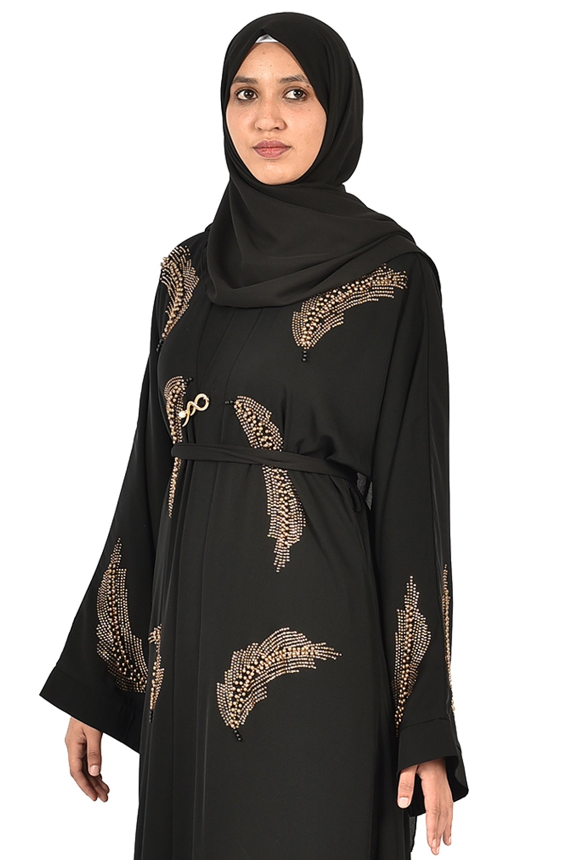 Black Abaya with Elegant Gold Feather Embroidery _katalia