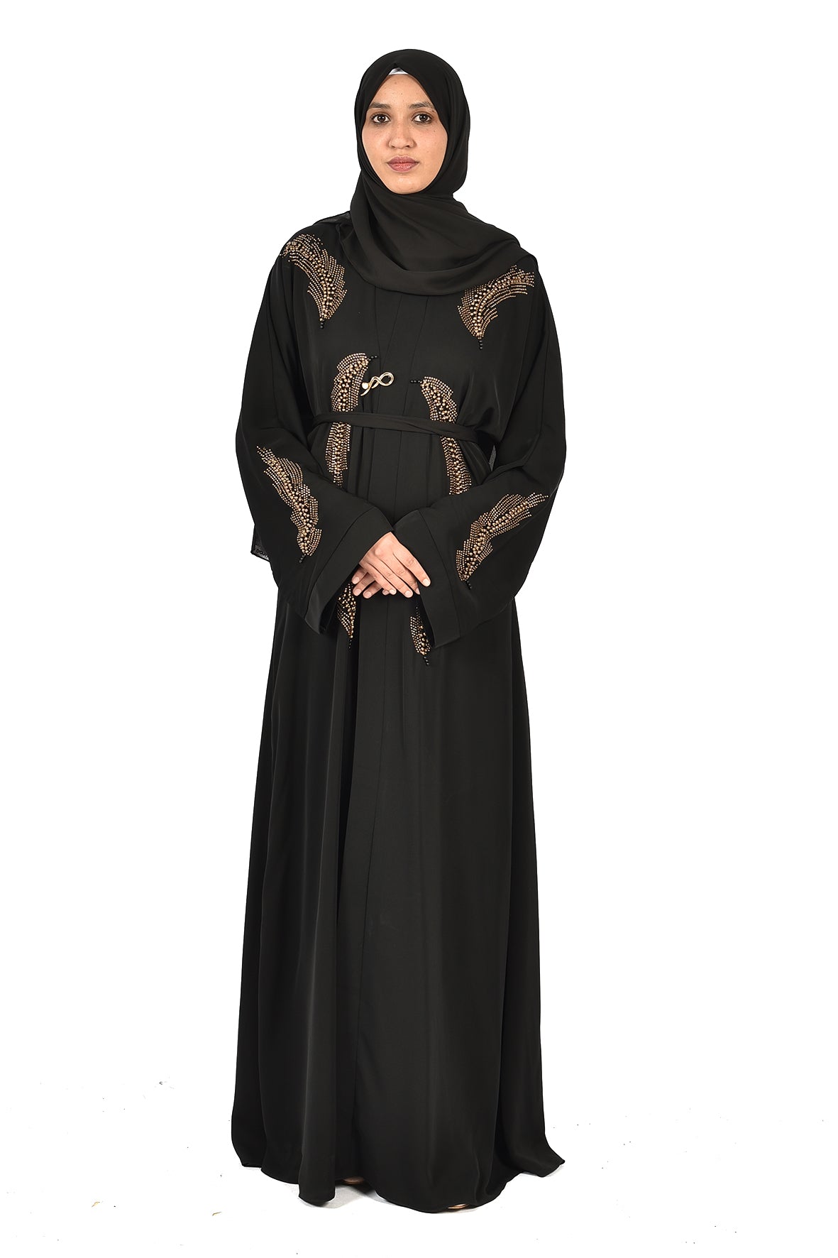 Black Abaya with Elegant Gold Feather Embroidery _katalia