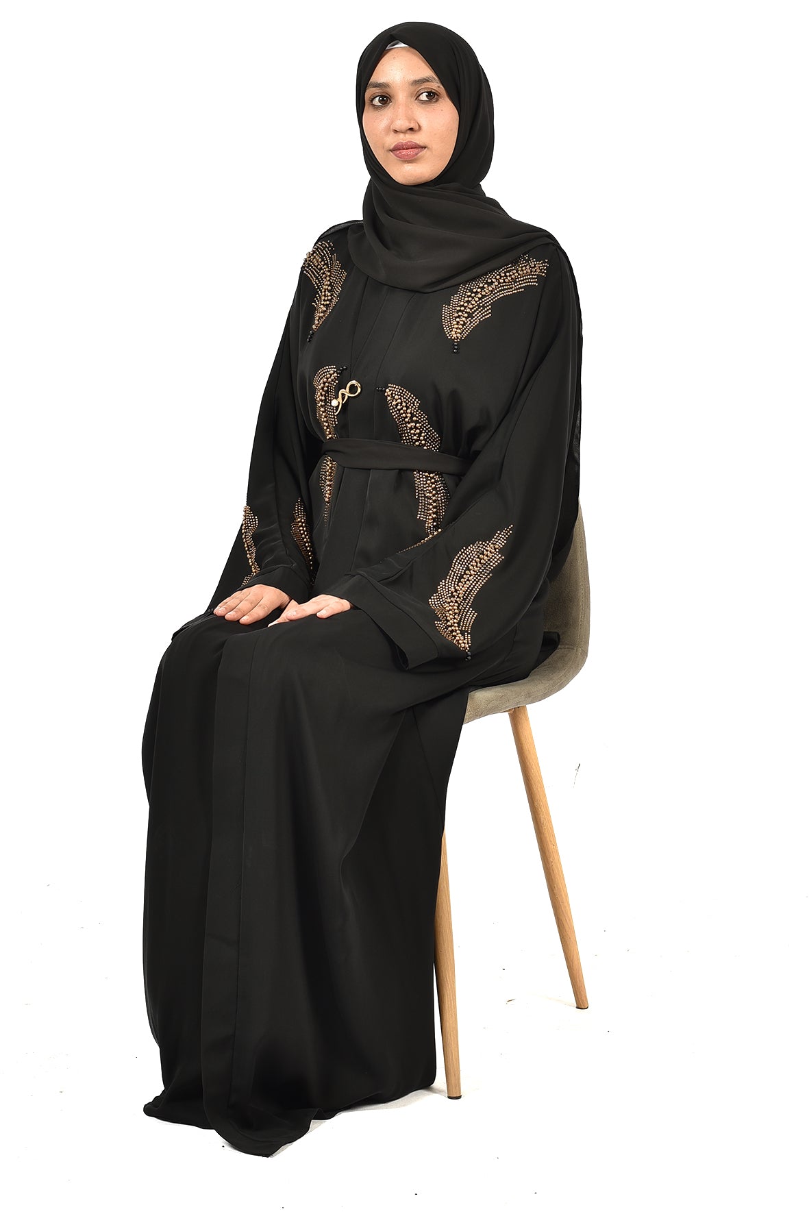 Black Abaya with Elegant Gold Feather Embroidery _katalia