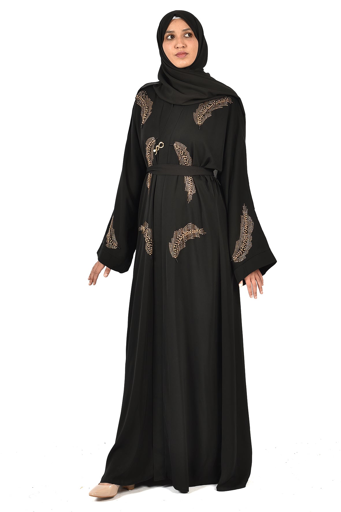Black Abaya with Elegant Gold Feather Embroidery _katalia
