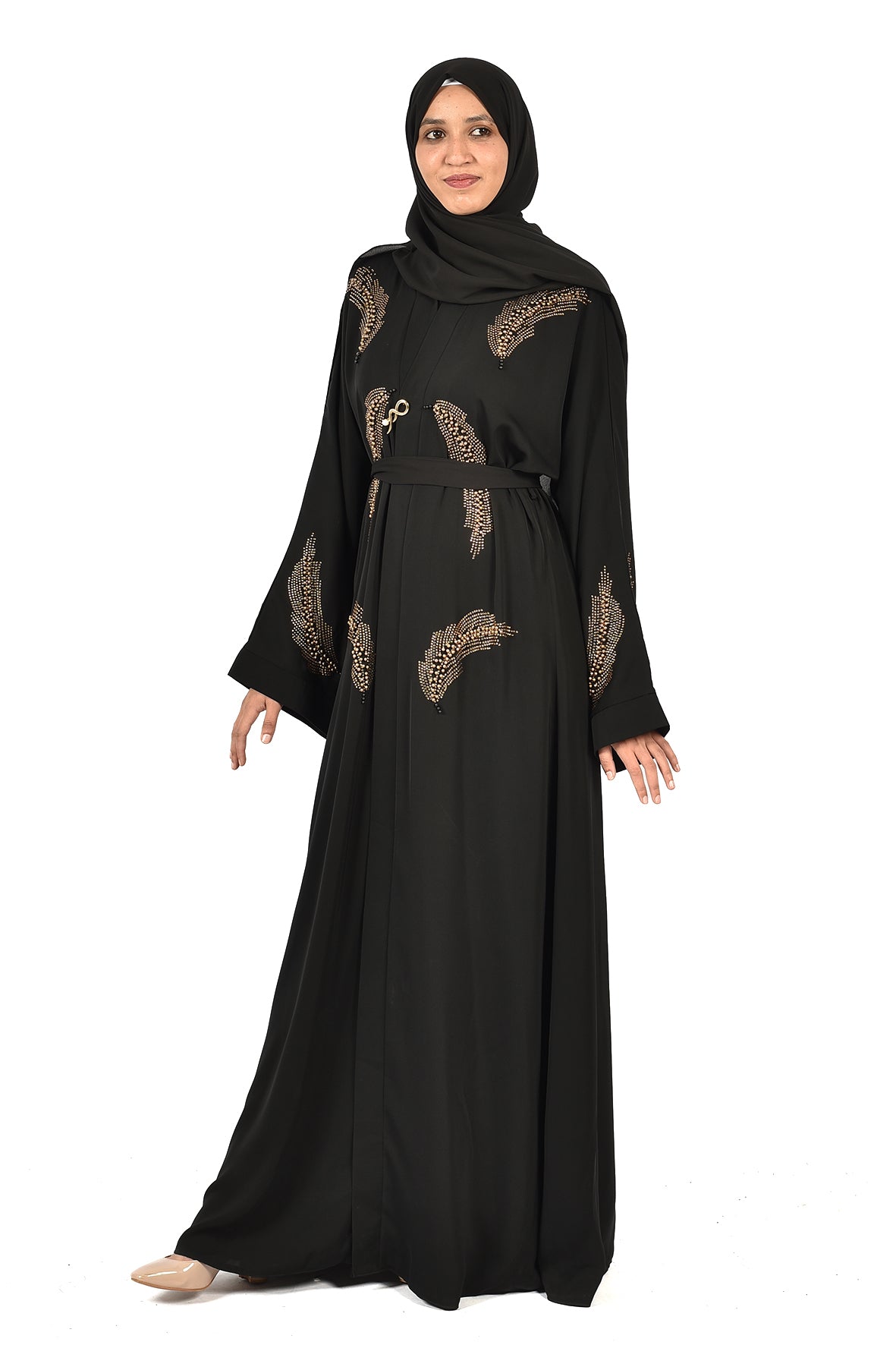 Black Abaya with Elegant Gold Feather Embroidery _katalia