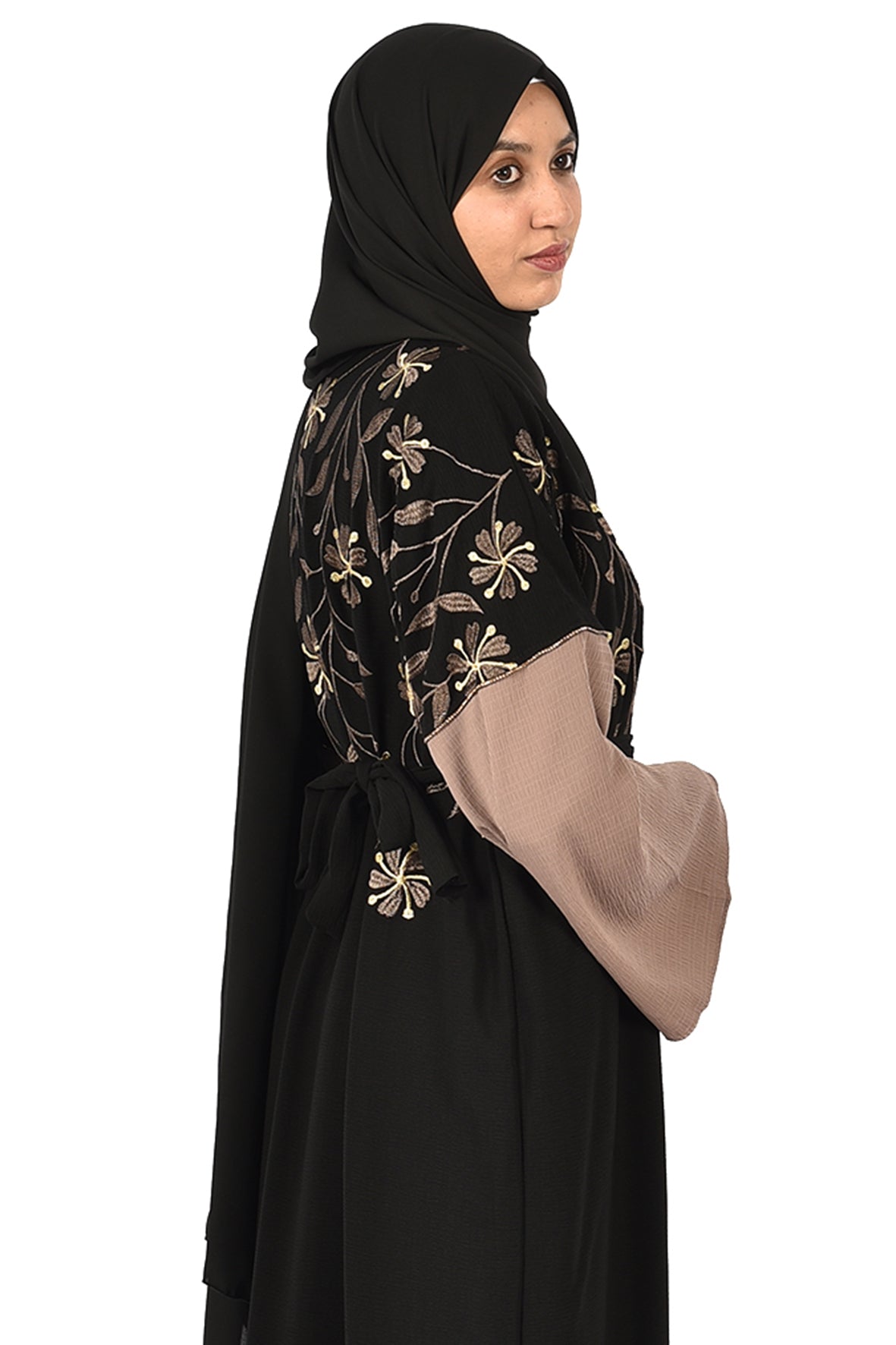 Black Embroidered Abaya with Beige Details and Elegant Brooch -ladies abaya