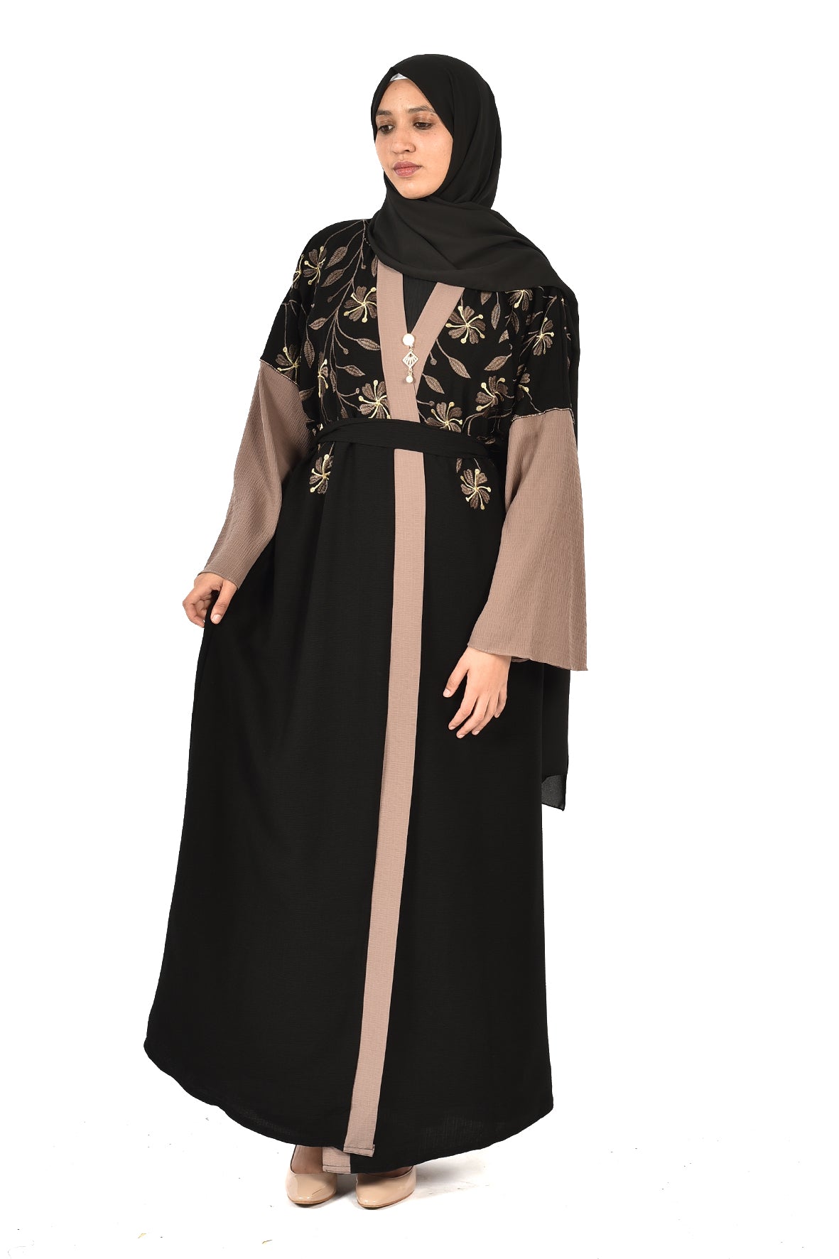 Black Embroidered Abaya with Beige Details and Elegant Brooch -ladies abaya