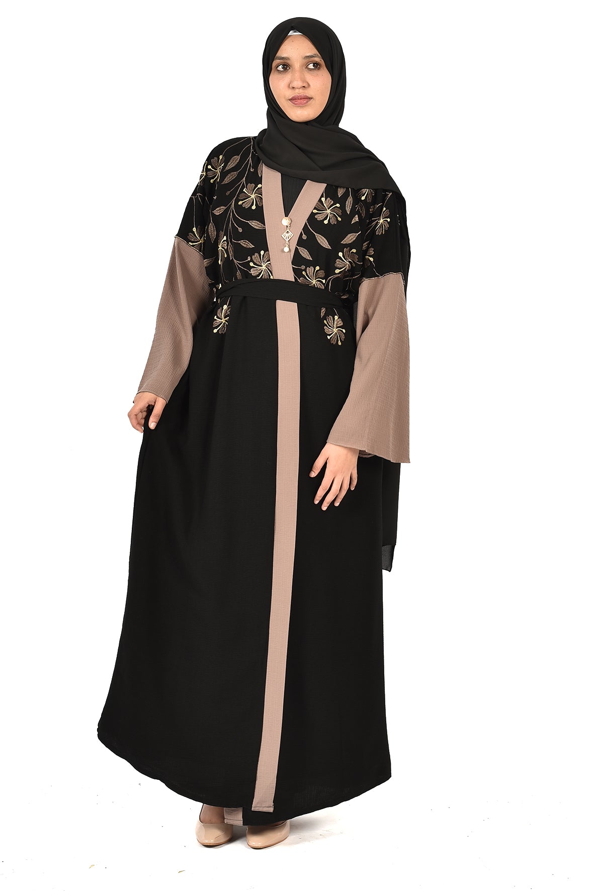 Black Embroidered Abaya with Beige Details and Elegant Brooch -ladies abaya