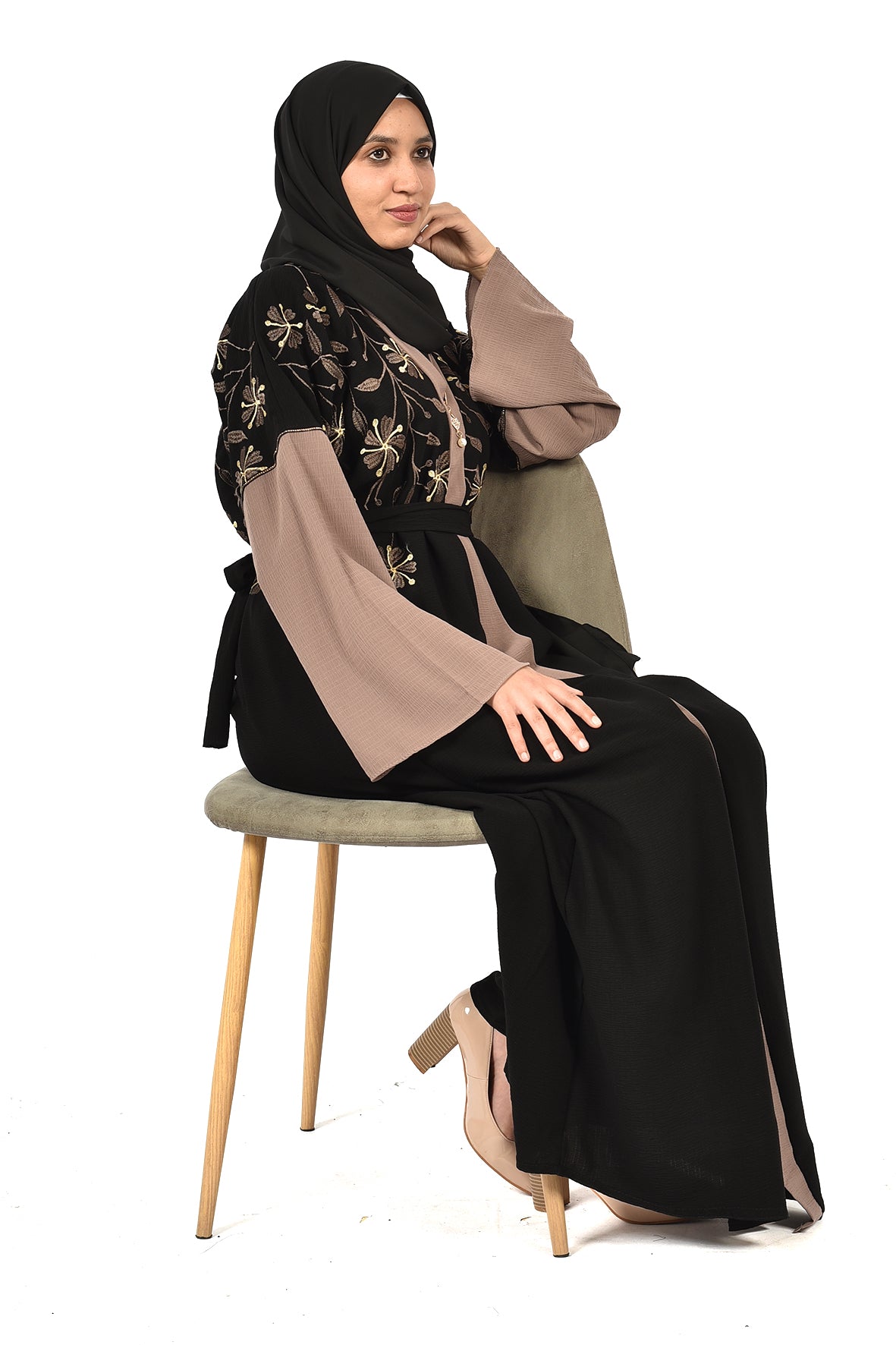 Black Embroidered Abaya with Beige Details and Elegant Brooch -ladies abaya