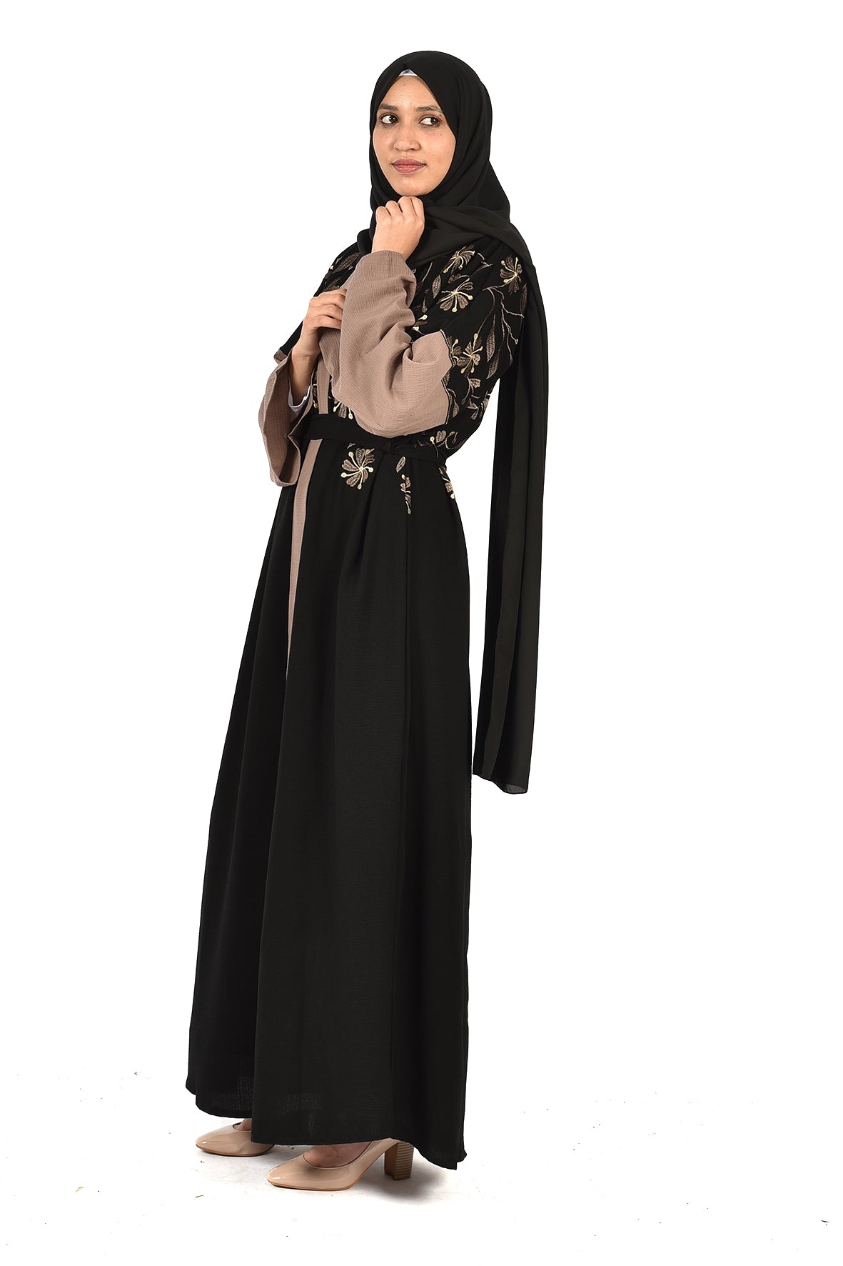 Black Embroidered Abaya with Beige Details and Elegant Brooch -ladies abaya