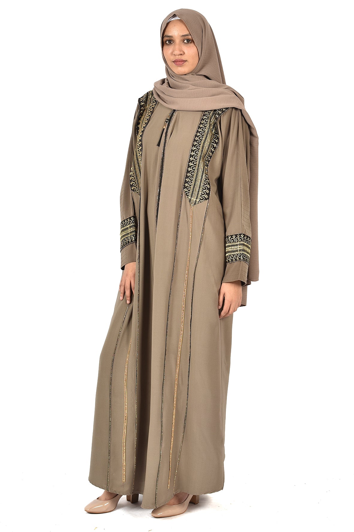 Beige Embroidered Abaya with Black & Gold Detailing ladies abaya