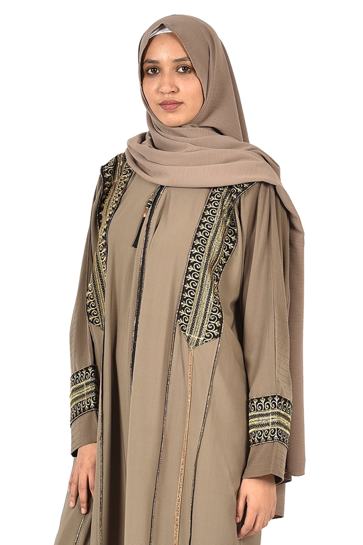 Beige Embroidered Abaya with Black & Gold Detailing ladies abaya