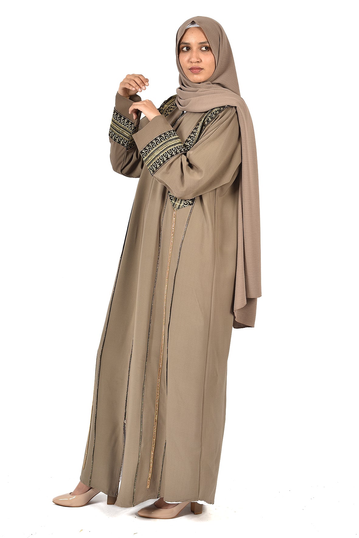Beige Embroidered Abaya with Black & Gold Detailing ladies abaya
