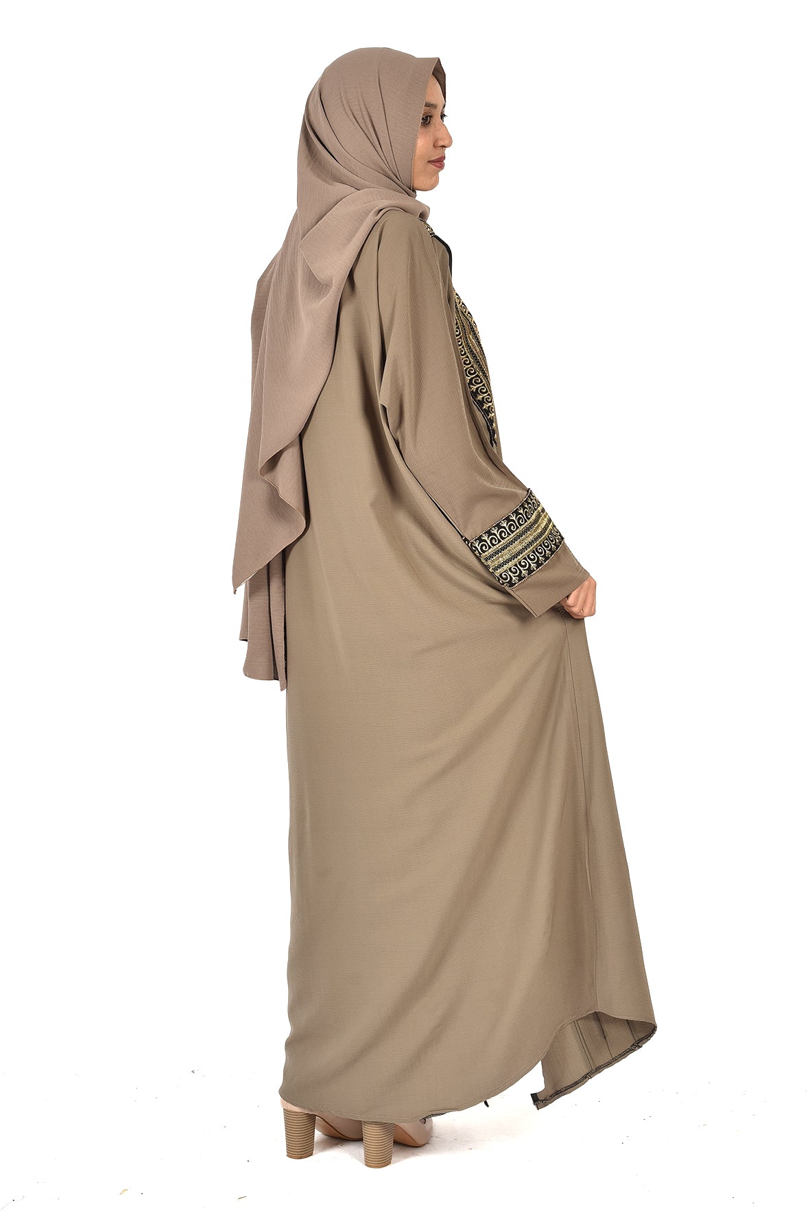 Beige Embroidered Abaya with Black & Gold Detailing ladies abaya