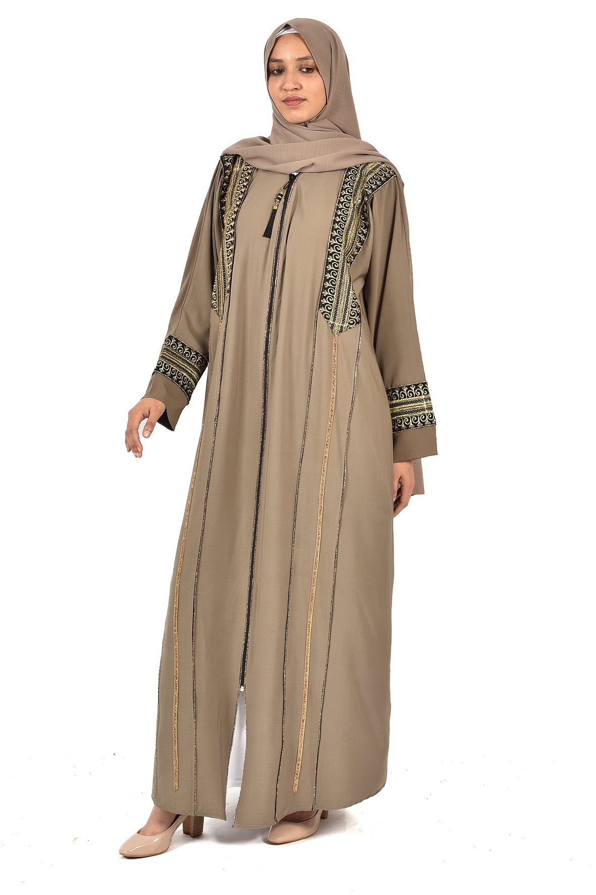 Beige Embroidered Abaya with Black & Gold Detailing ladies abaya