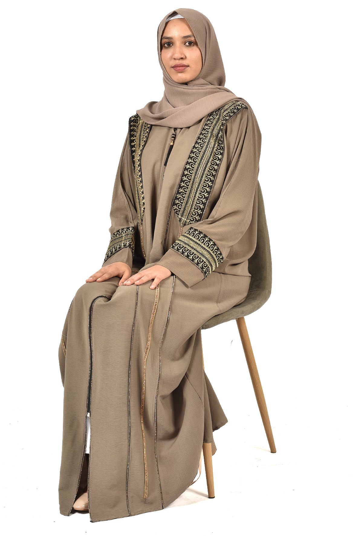 Beige Embroidered Abaya with Black & Gold Detailing ladies abaya