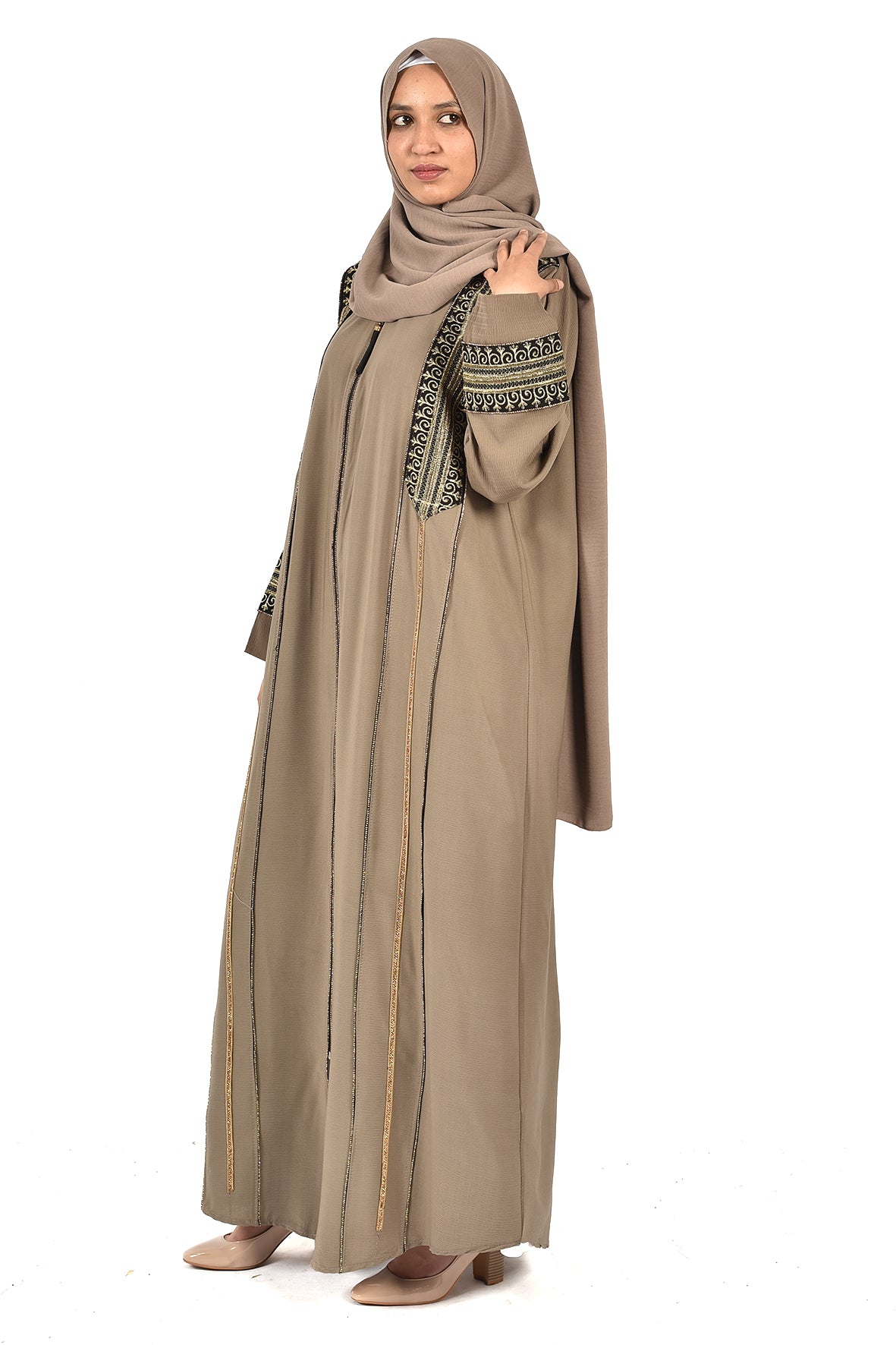 Beige Embroidered Abaya with Black & Gold Detailing ladies abaya