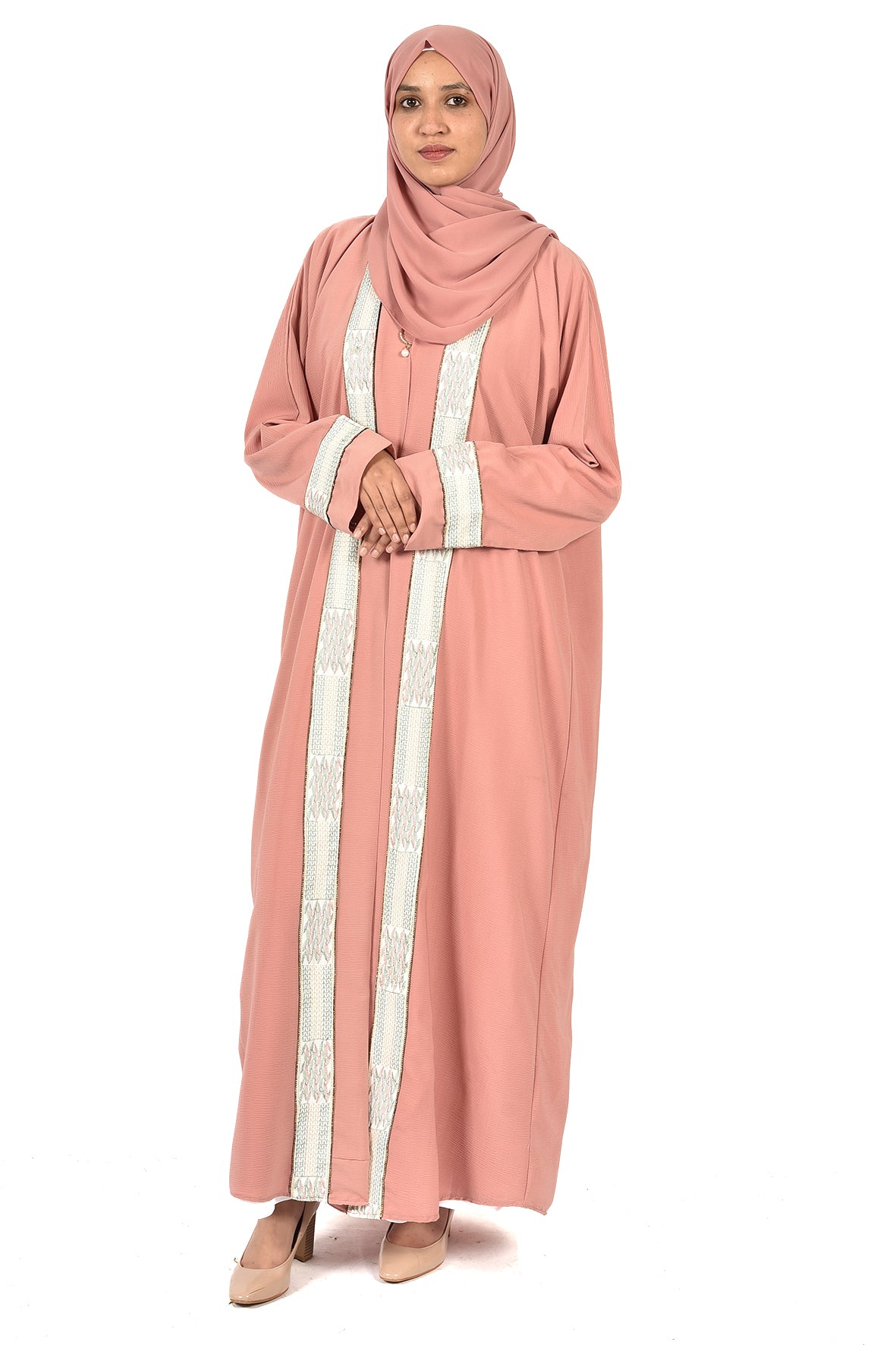 Light Pink Abaya with Soft Embroidered Trim _ladies abaya